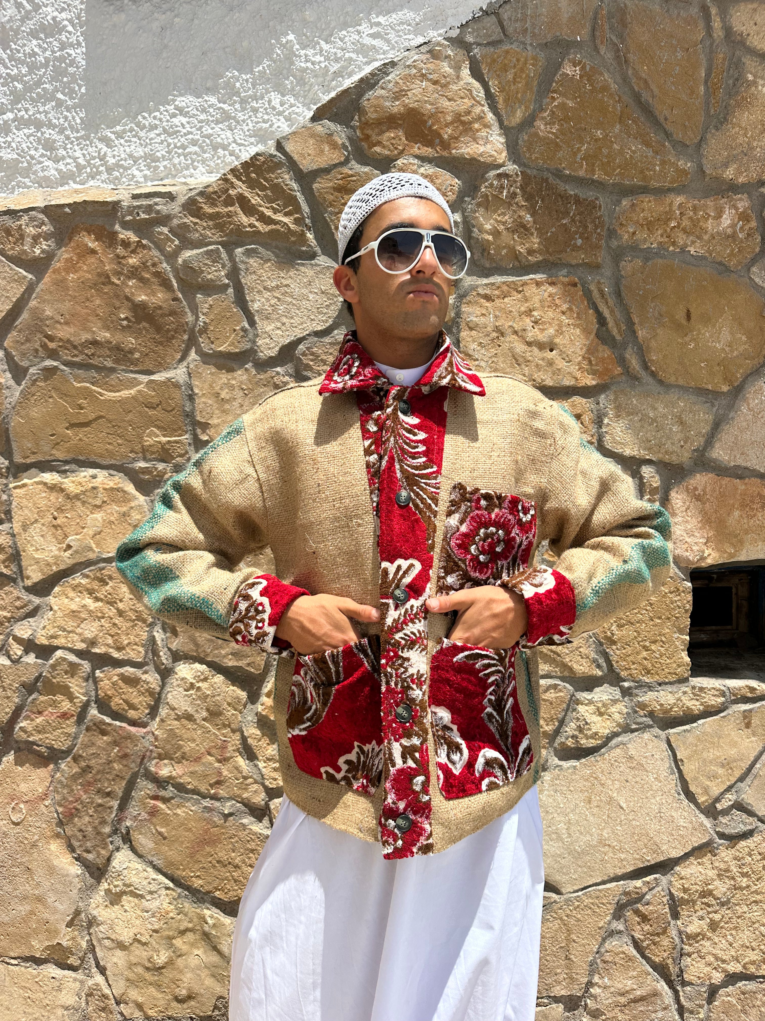 Moroccan hand made red burlap Jacket UNISEX