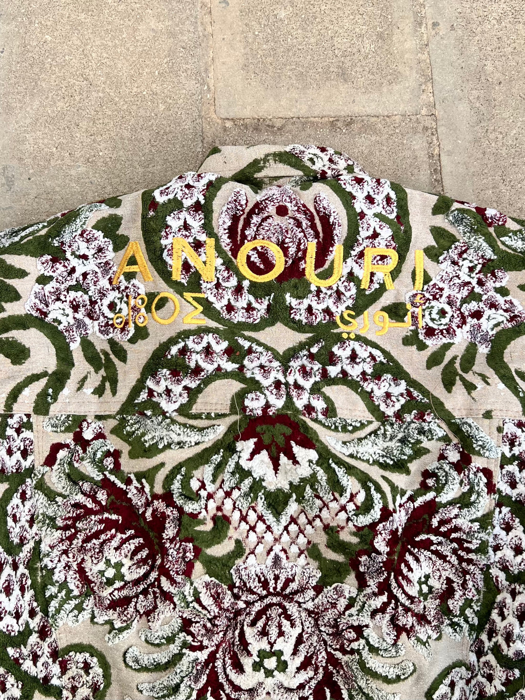 Moroccan hand made with unique green and red color,  carpet Jacket UNISEX