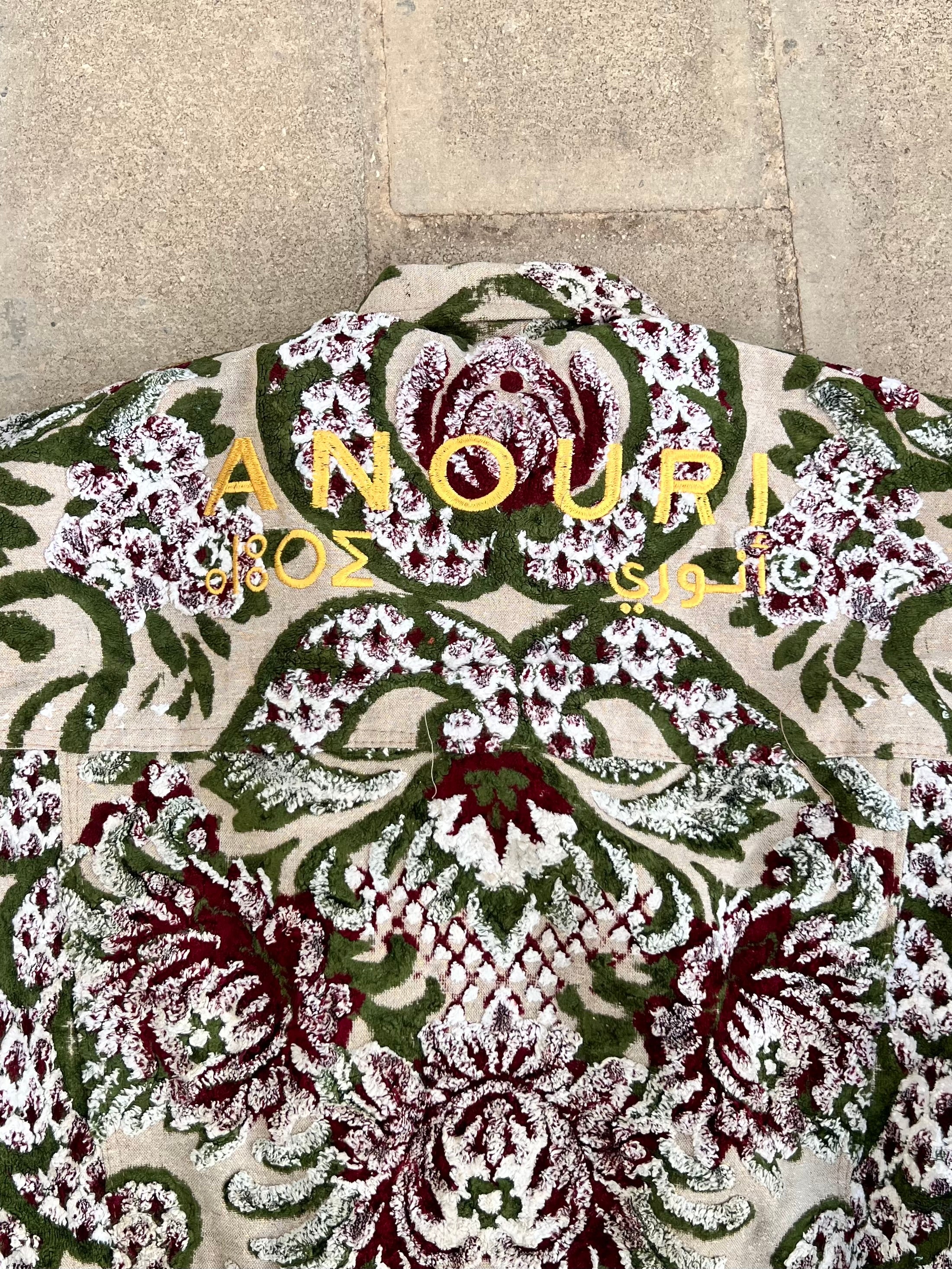 Moroccan hand made with unique green and red color,  carpet Jacket UNISEX