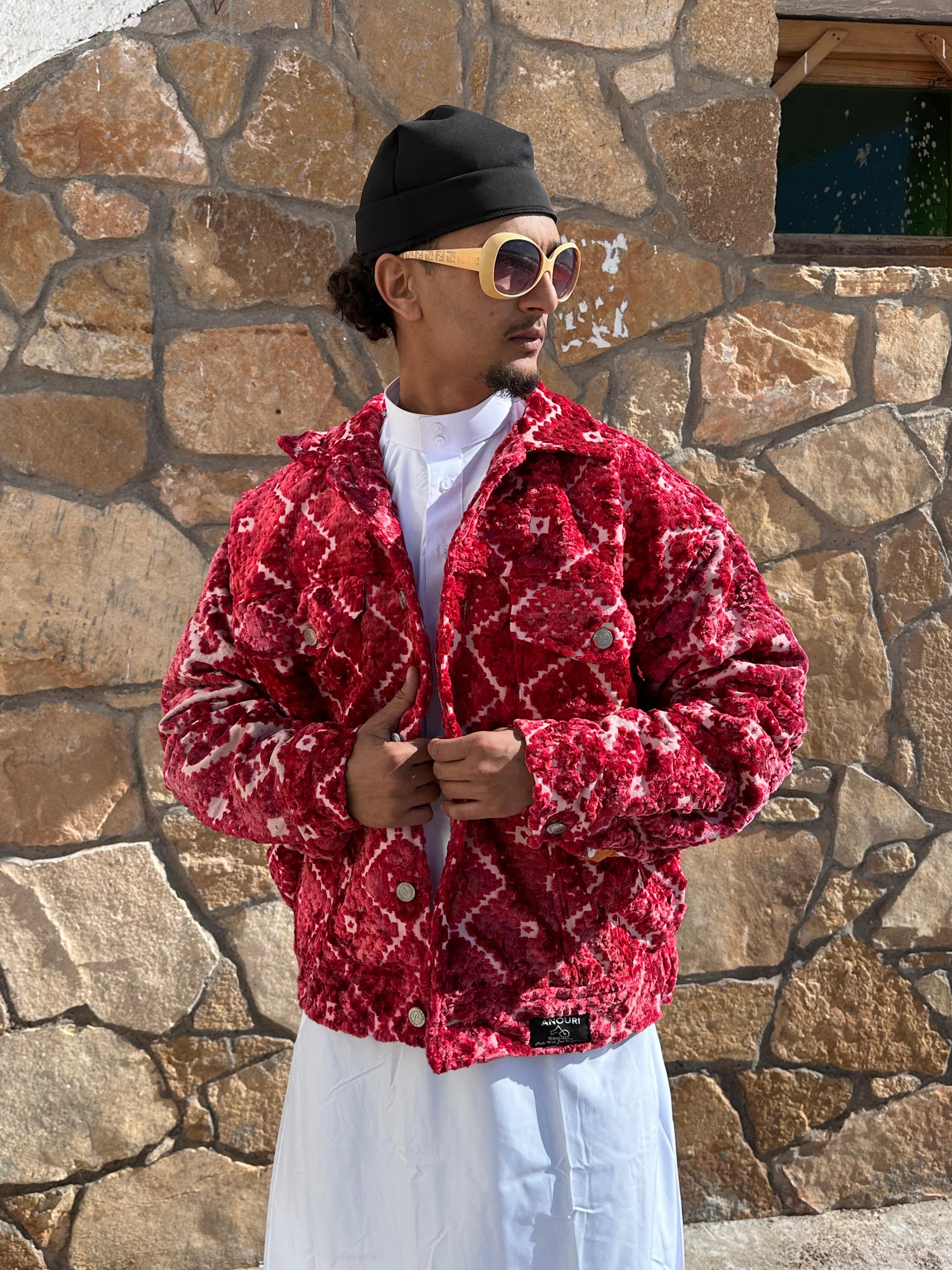 Moroccan hand made with unique unique red color,  carpet Jacket UNISEX