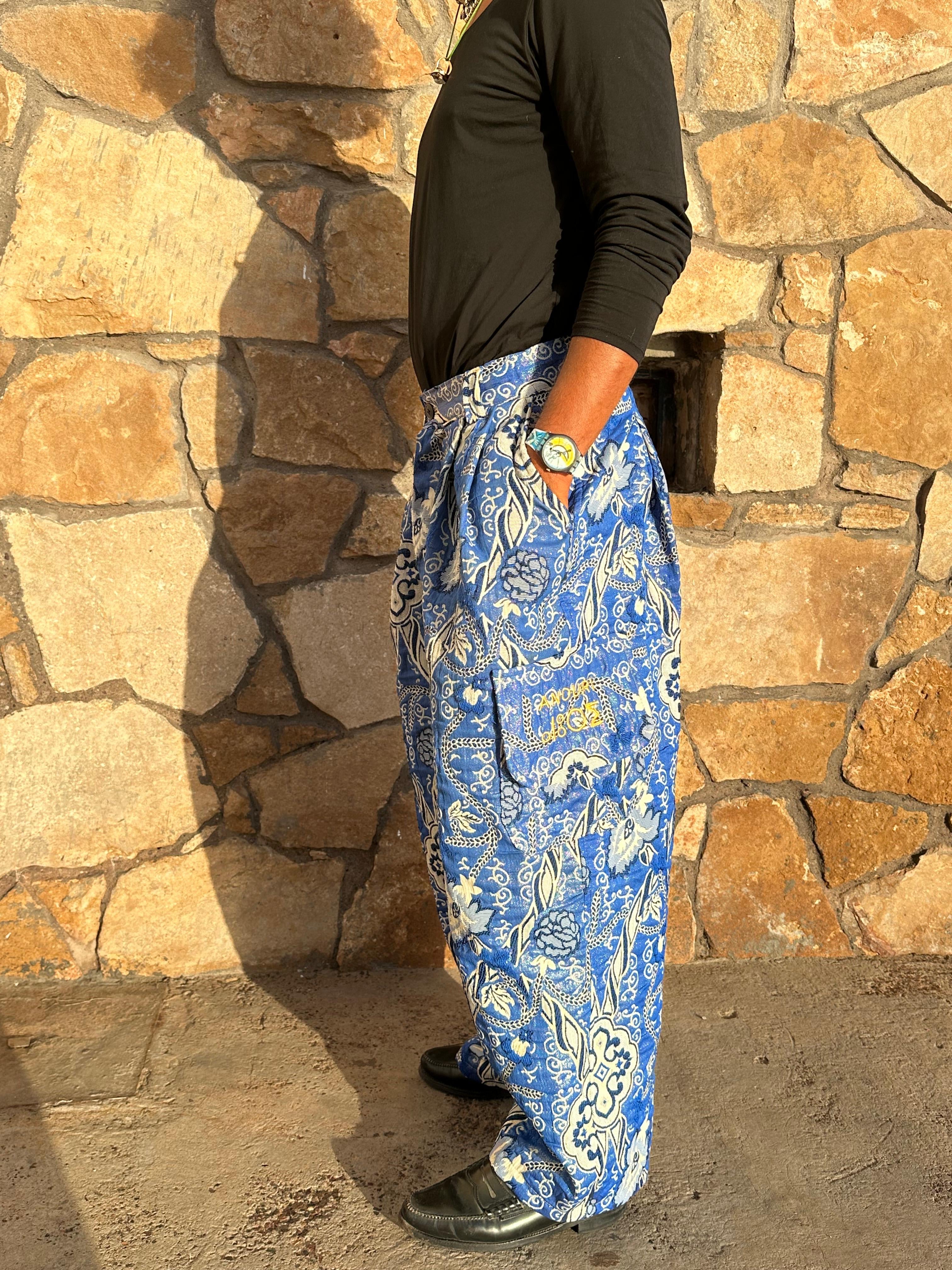 Anouris Original PANT with wide legs with two pockets  side unique light blue print “Carpet” UNISEX