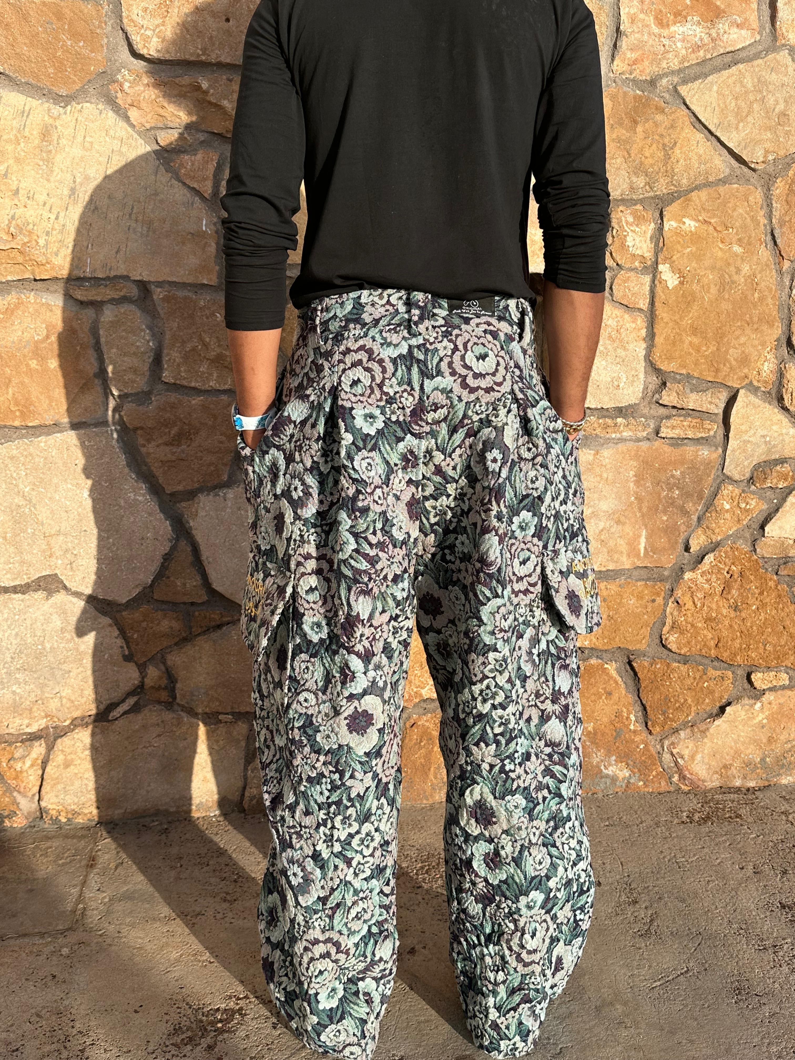 Anouris Original PANT with wide legs with two pockets  side unique carpet blue flower print “Carpet” UNISEX