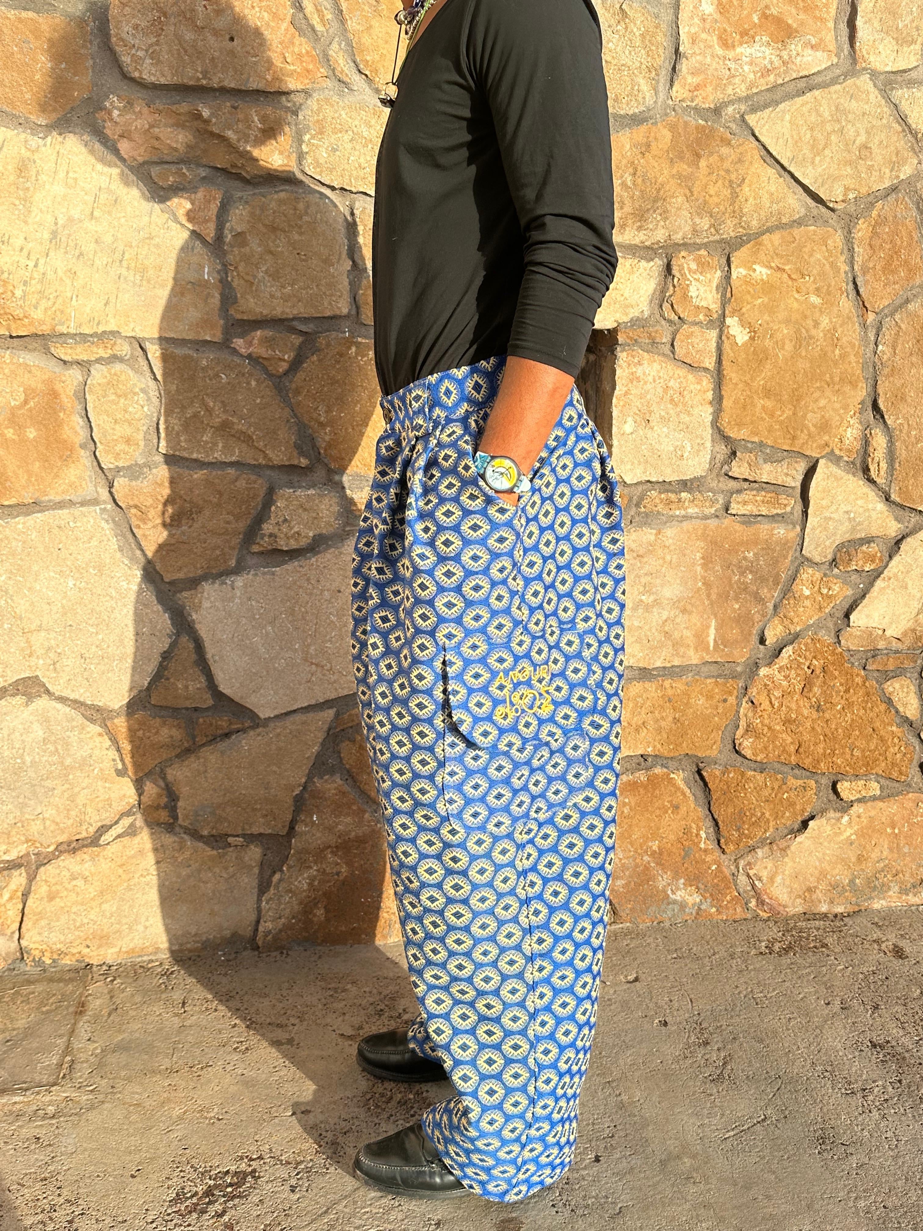 Anouris Original PANT with wide legs with two pockets  side unique light blue print “Carpet” UNISEX