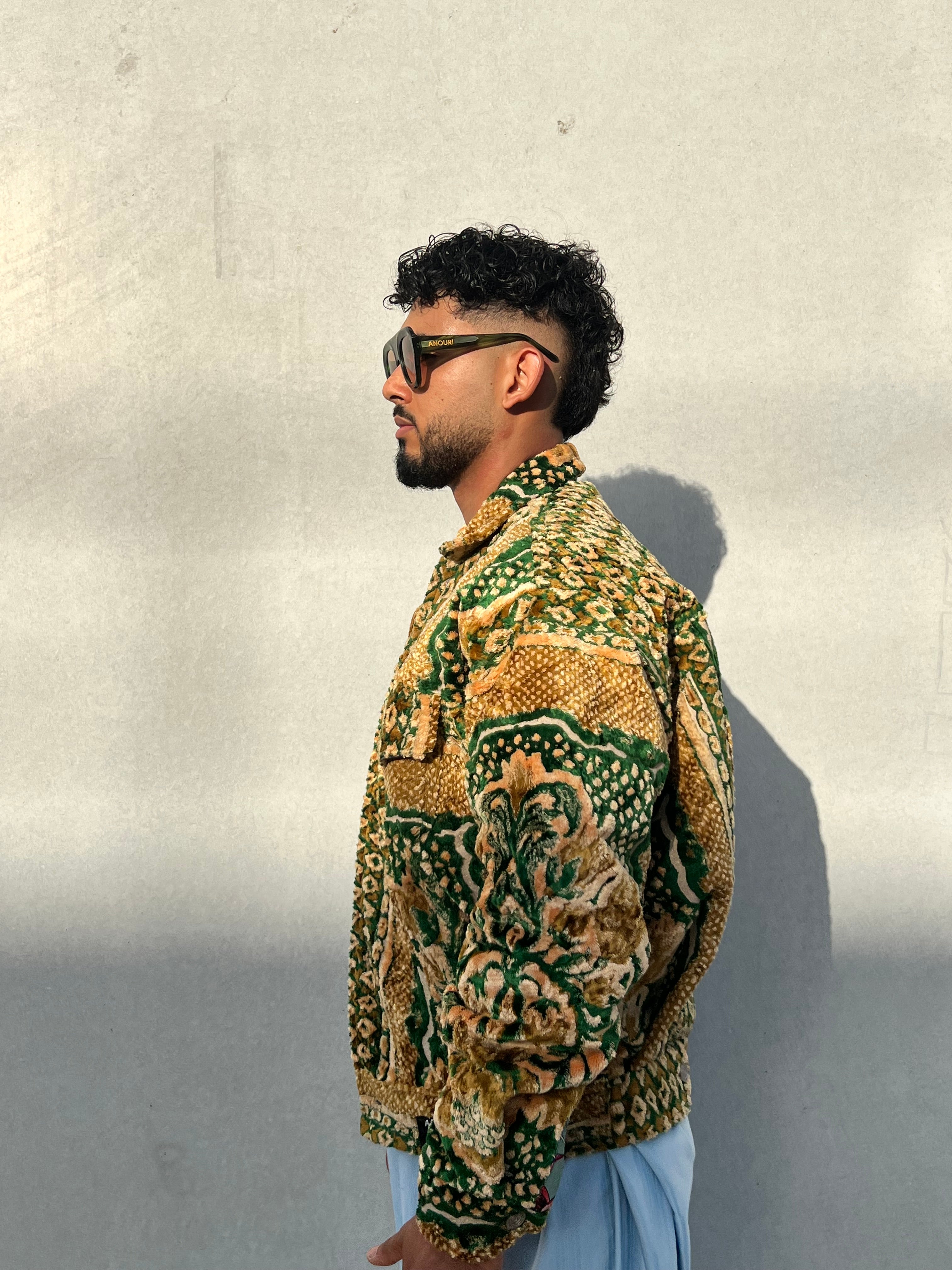 Moroccan hand made with unique green and yellow color,  carpet Jacket UNISEX