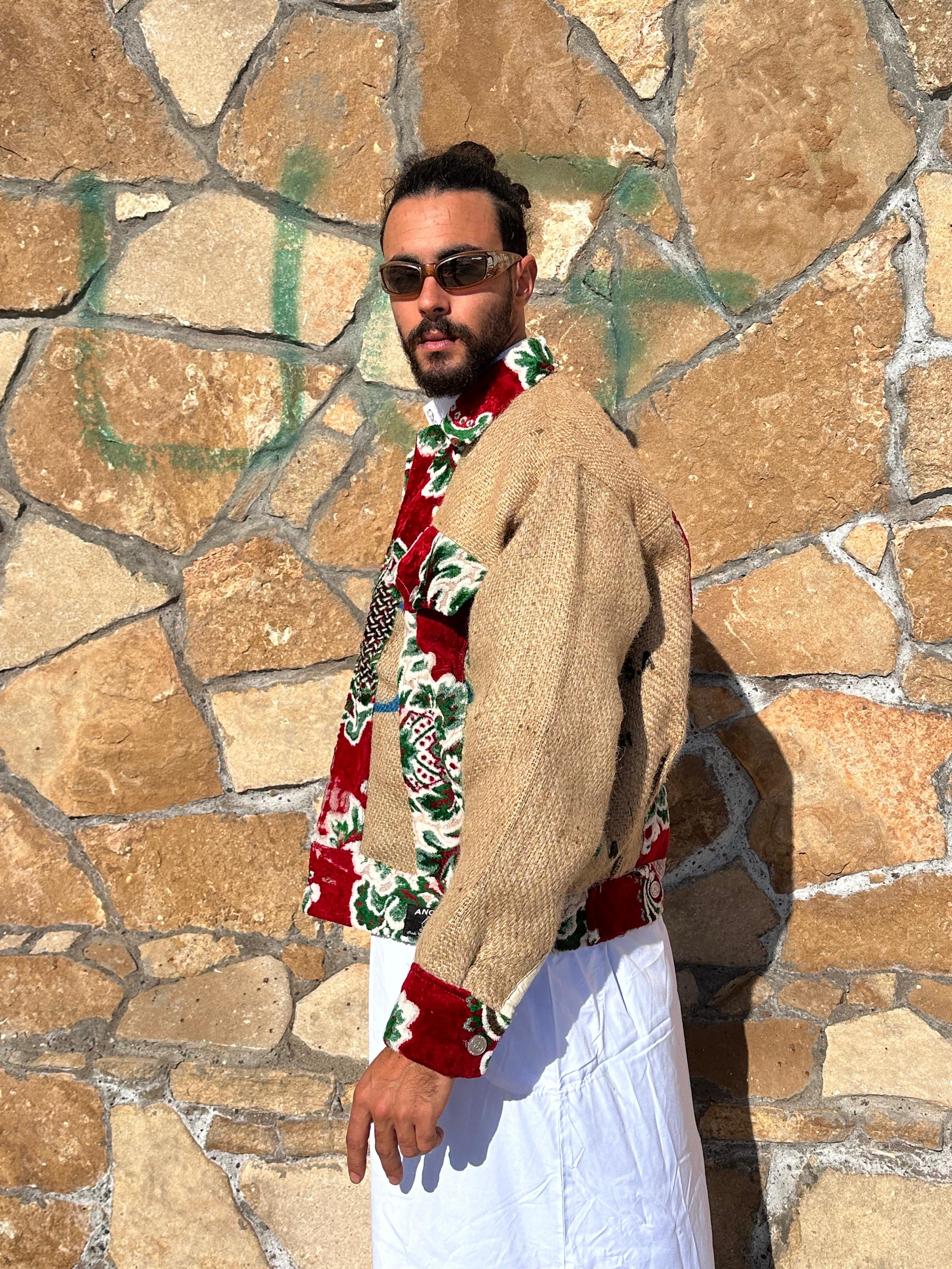 Moroccan hand made green and red burlap Jacket UNISEX