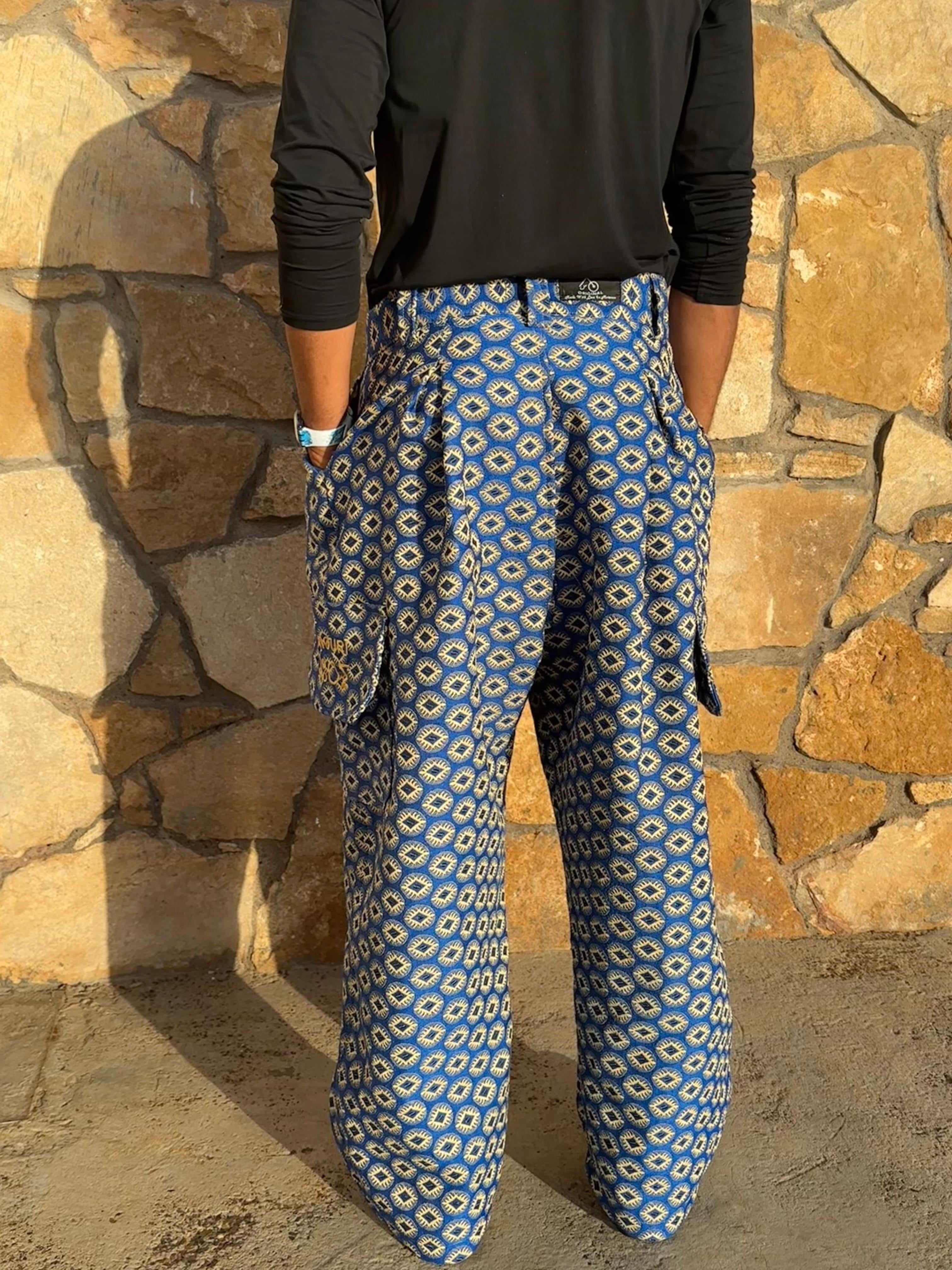 Anouris Original PANT with wide legs with two pockets  side unique light blue print “Carpet” UNISEX