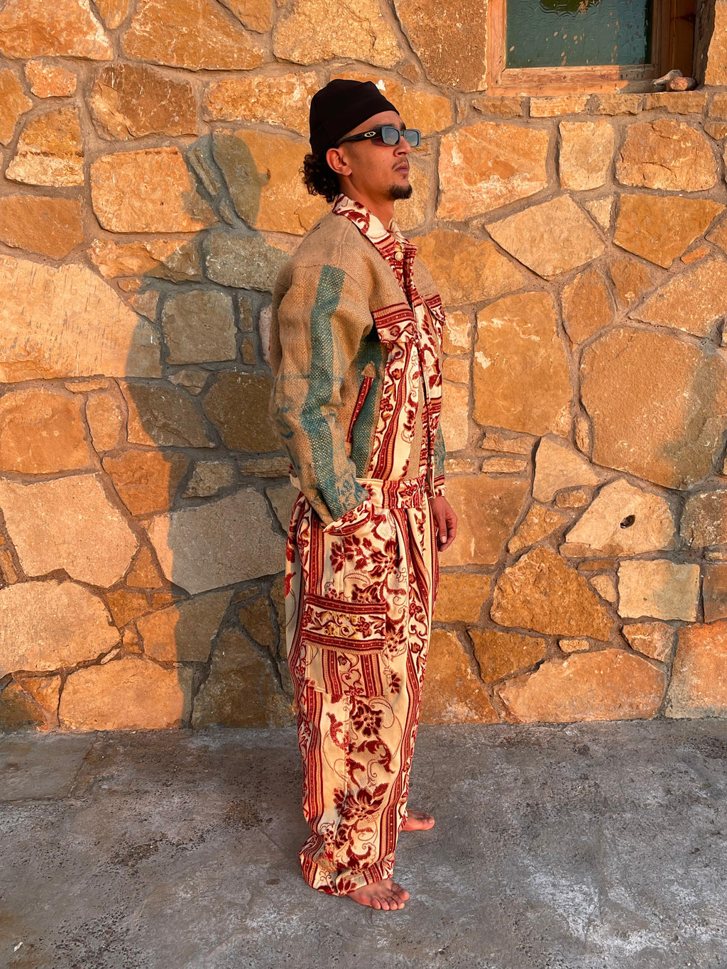 Moroccan hand made unique red Carpet and burlap set UNISEX