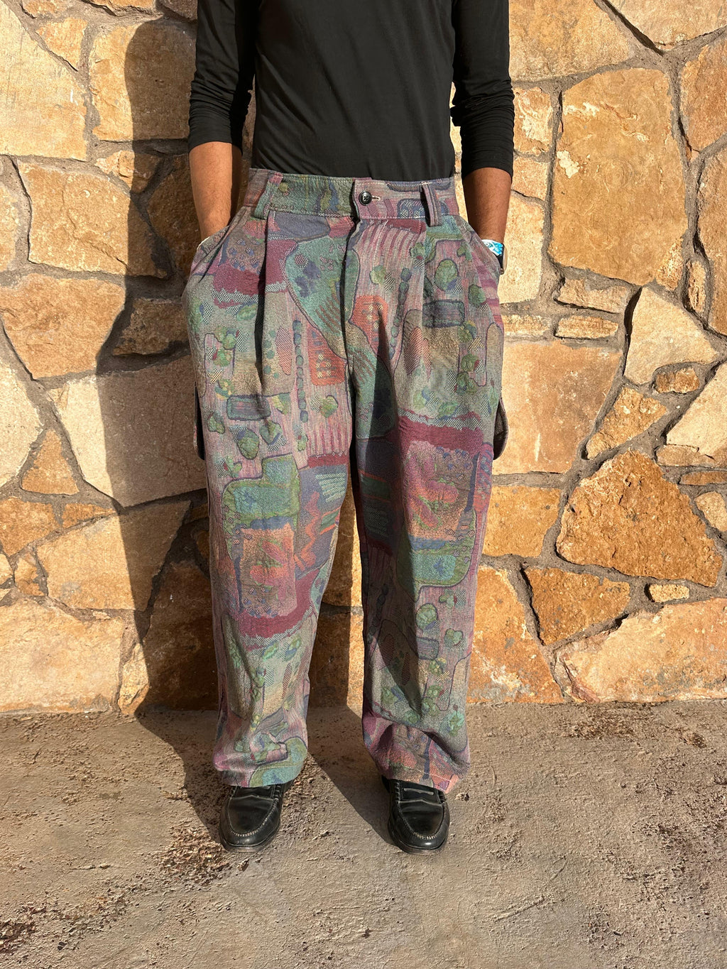 Anouris Original PANT with wide legs with two pockets  side unique light colorful print “Carpet” UNISEX