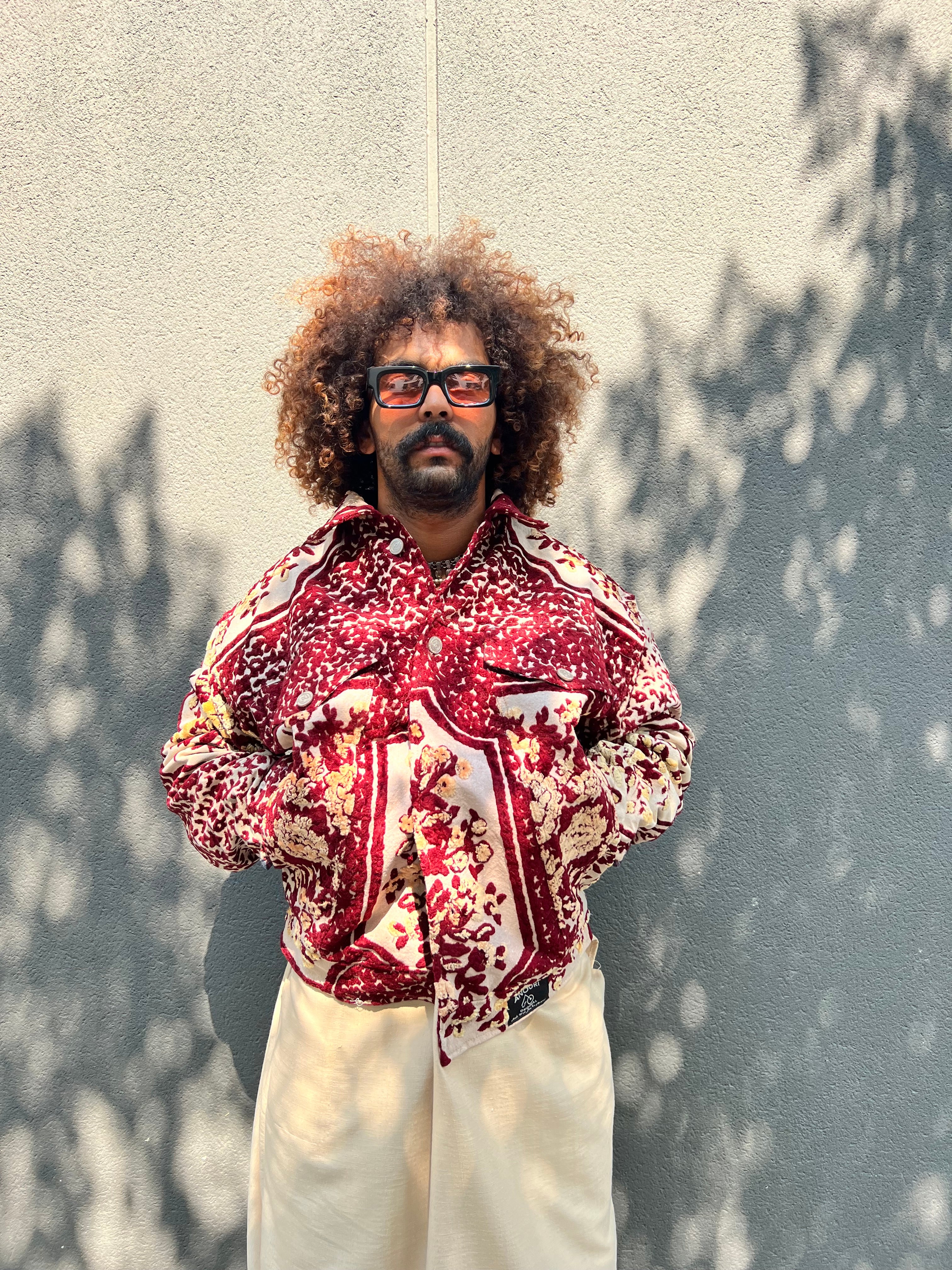Moroccan hand made with unique red and yellow design ,  carpet Jacket UNISEX