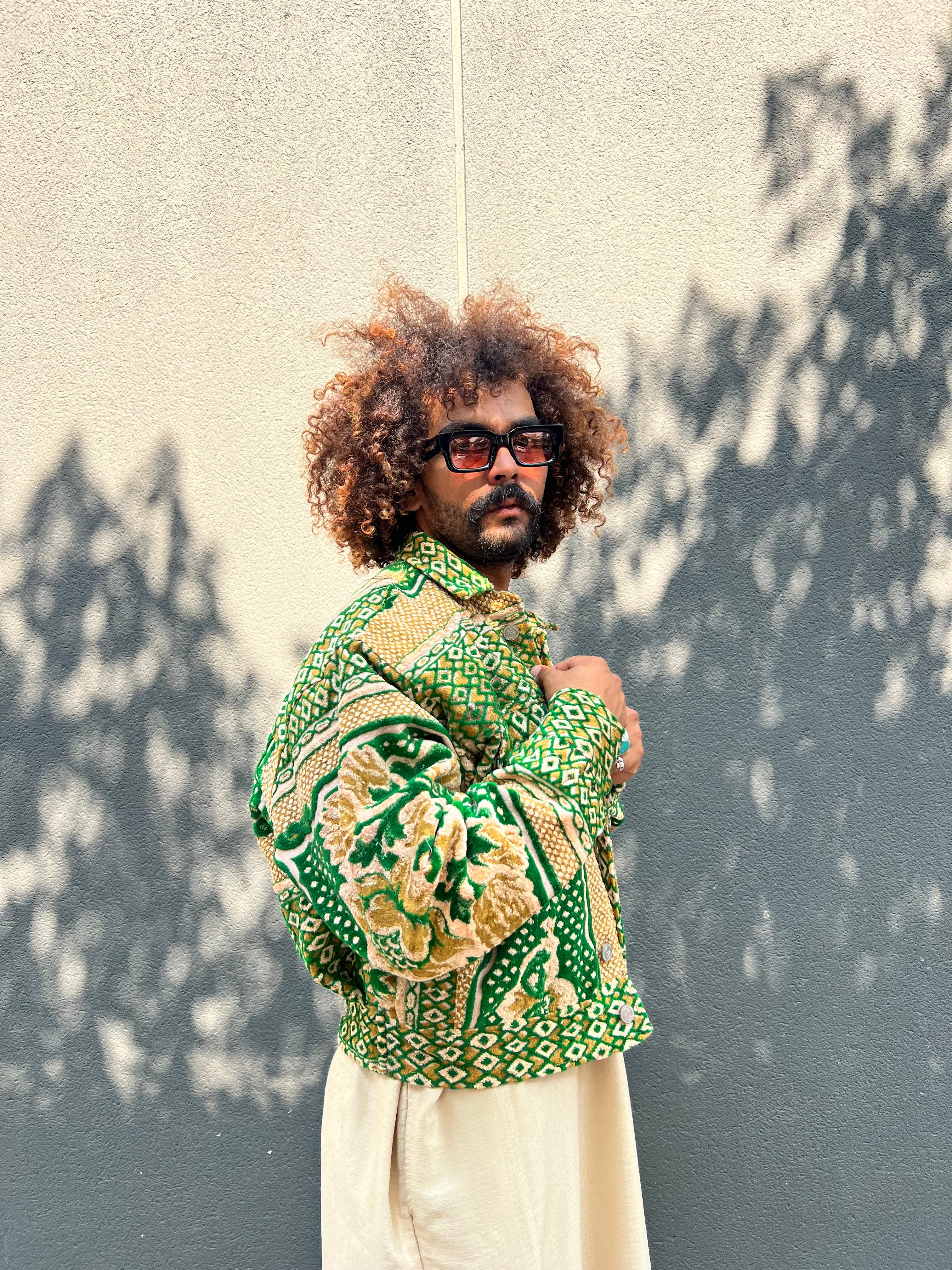 Moroccan hand made with unique green and yellow color,  carpet Jacket UNISEX