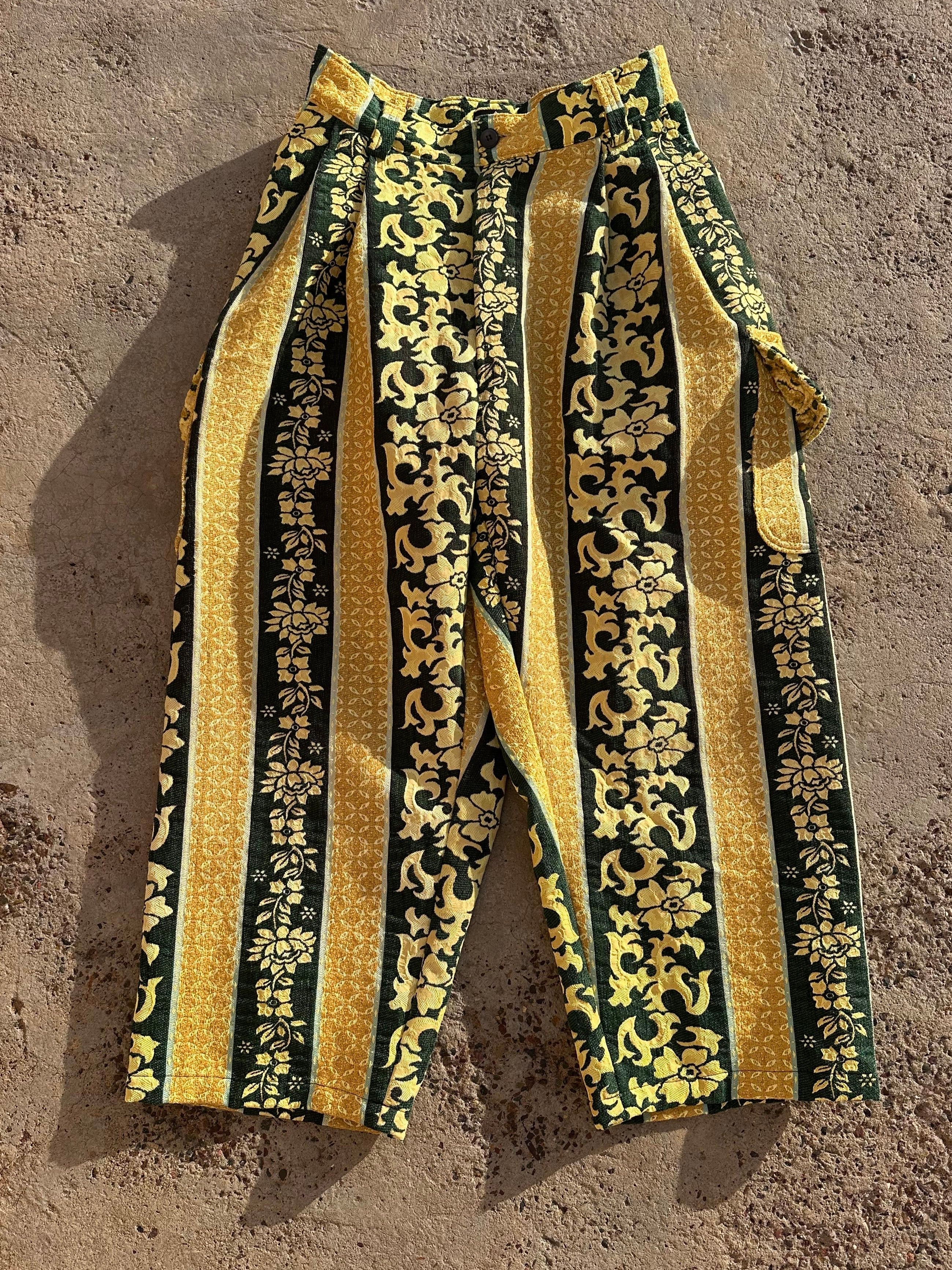 Anouris Original PANT with wide legs with two pockets  side unique light yellow and green print “Carpet” UNISEX