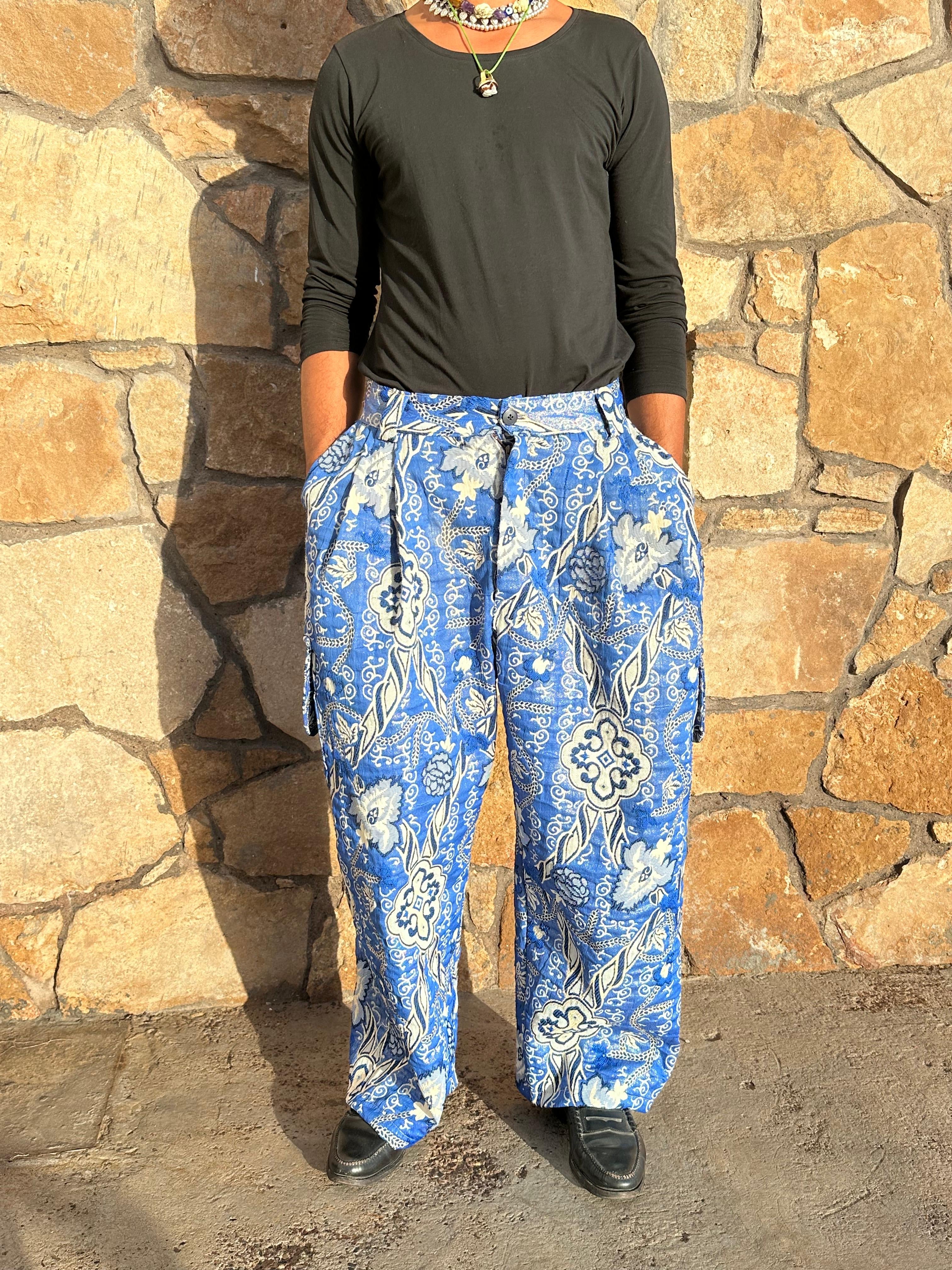 Anouris Original PANT with wide legs with two pockets  side unique light blue print “Carpet” UNISEX
