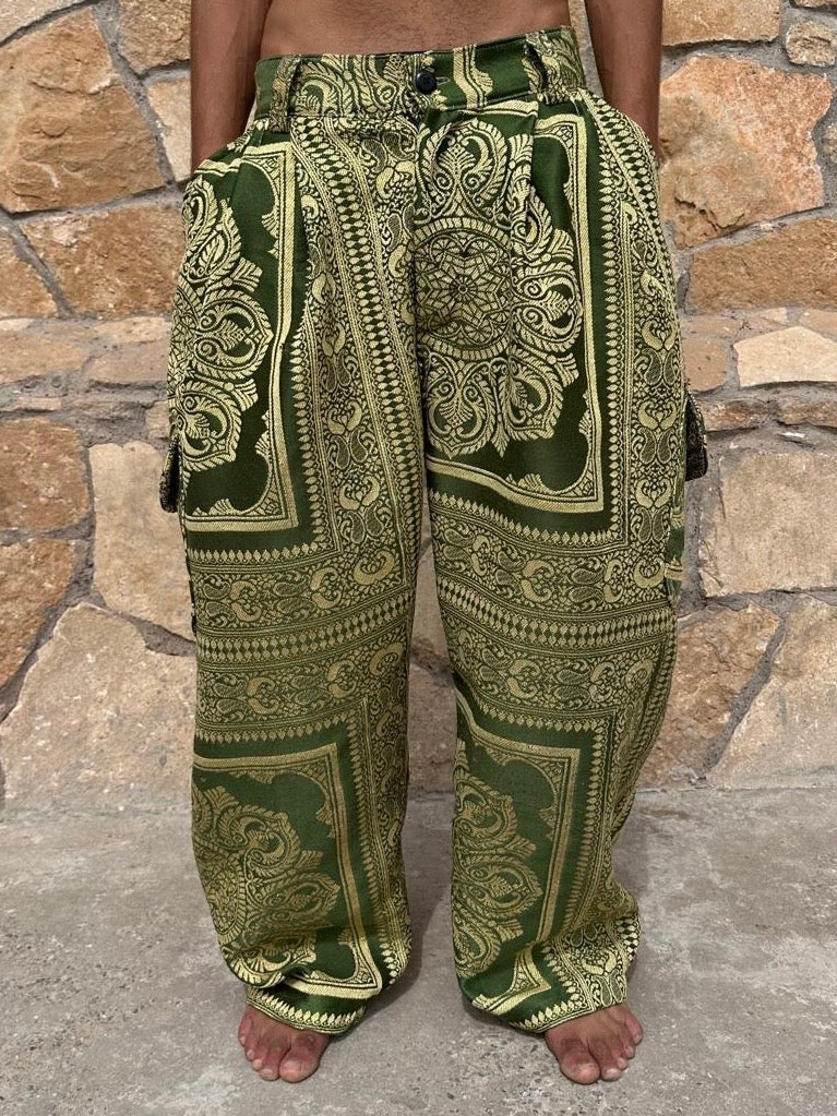 Anouris Original PANT with wide legs with two pockets  side green print “Carpet” UNISEX