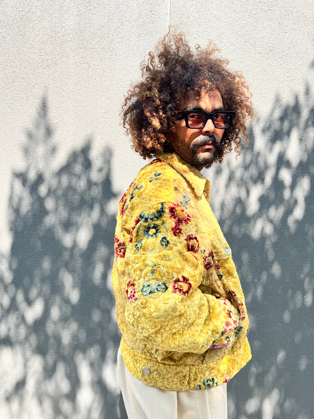 Moroccan hand made with unique flowers and yellow color,  carpet Jacket UNISEX