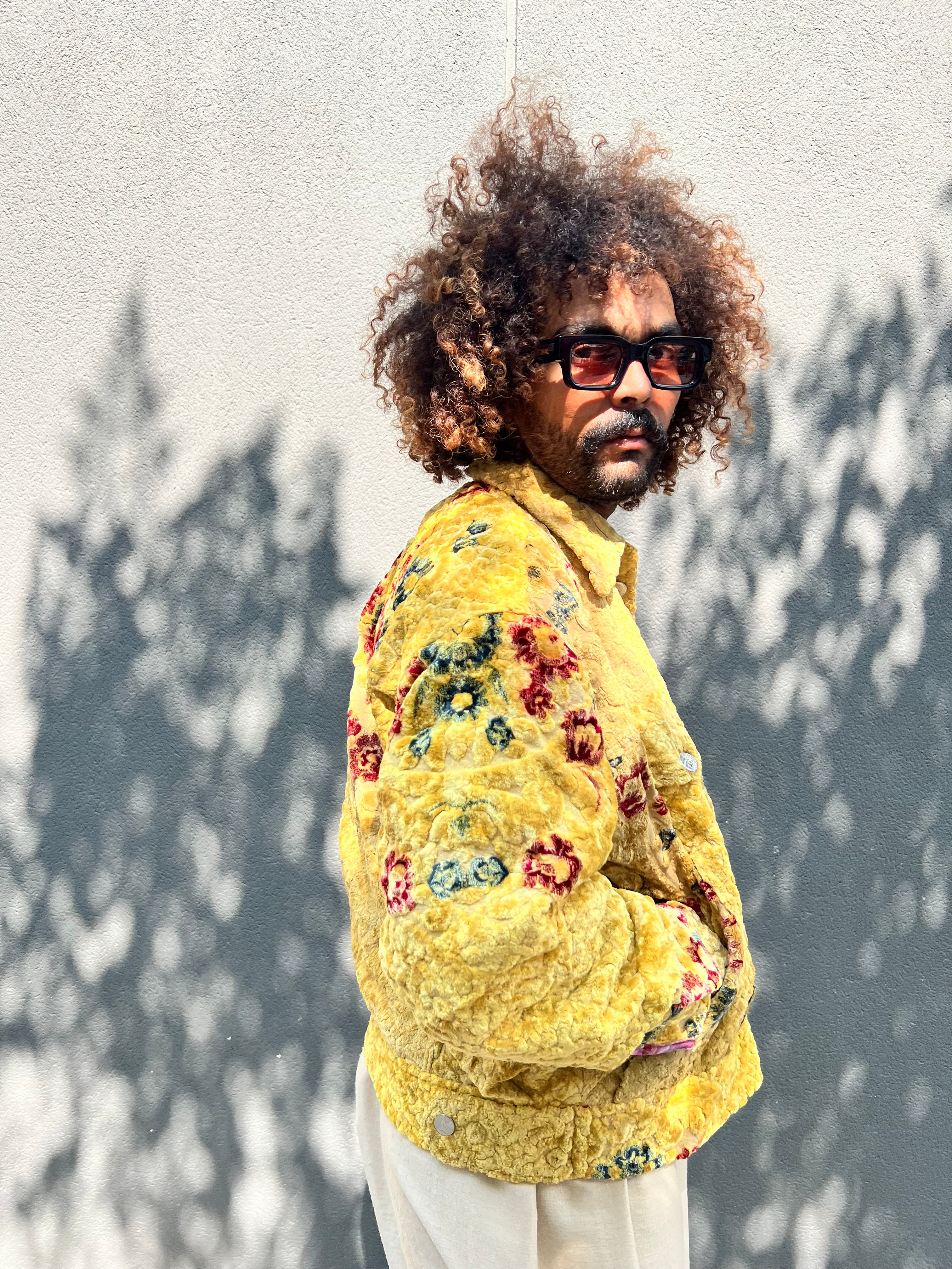 Moroccan hand made with unique flowers and yellow color,  carpet Jacket UNISEX