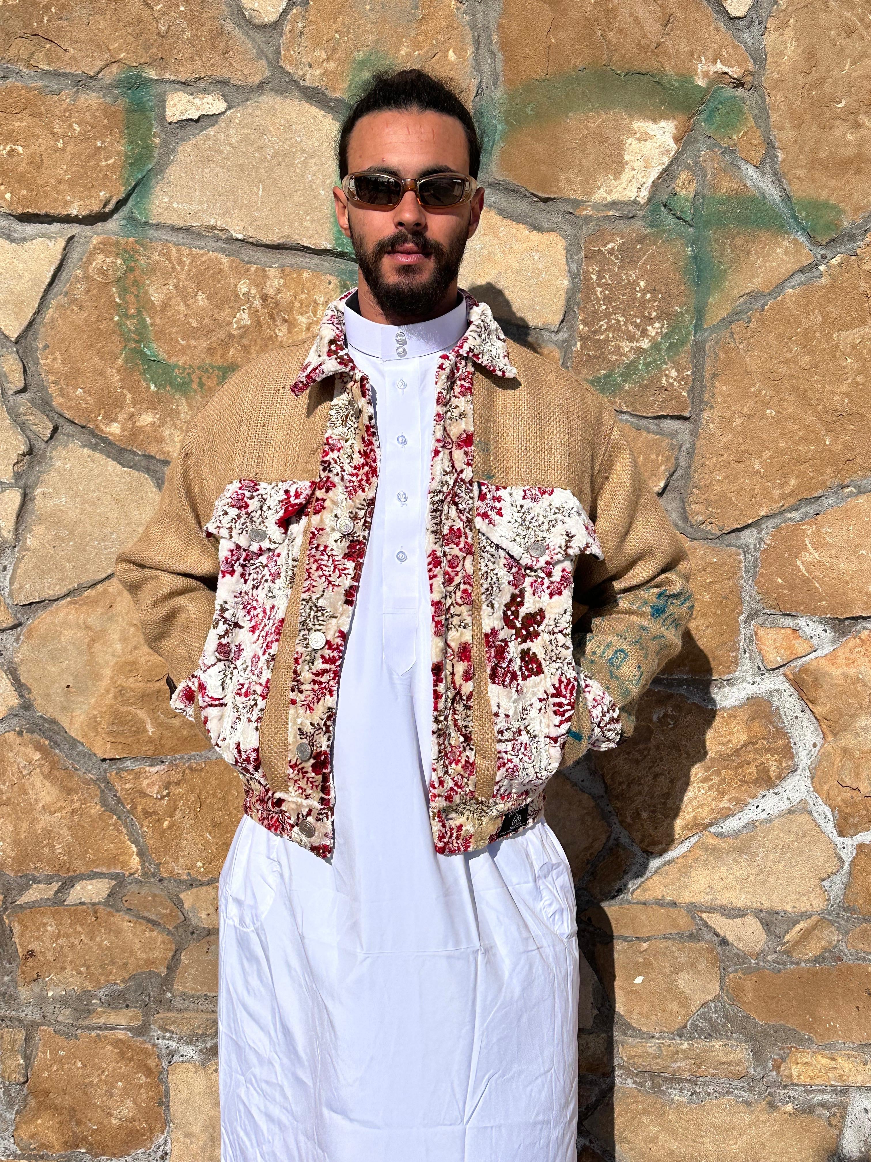 Moroccan hand made white and red burlap Jacket UNISEX