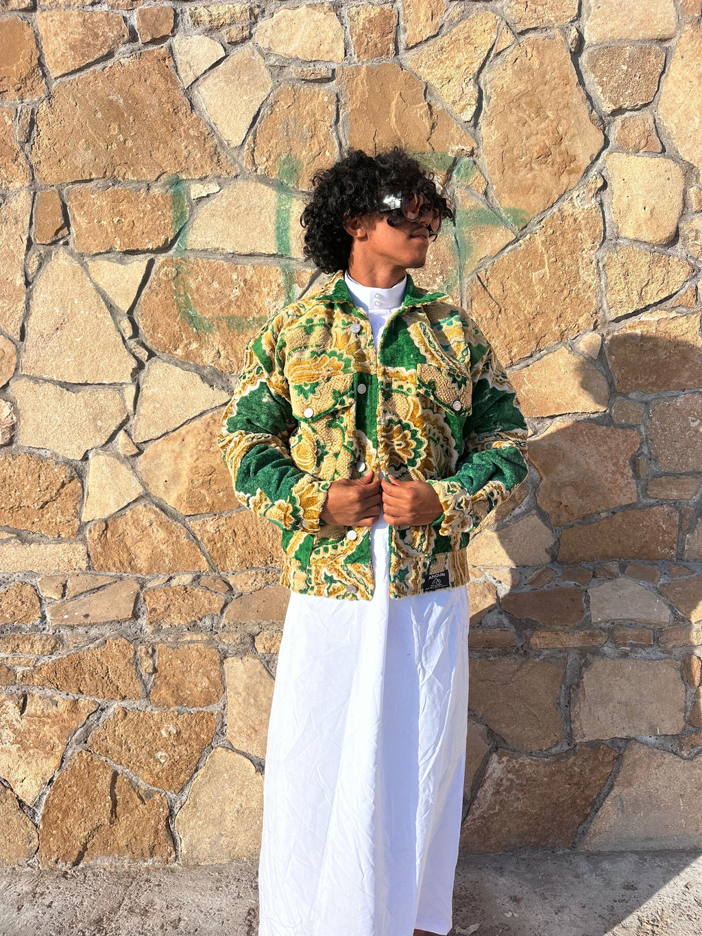 Moroccan hand made with unique green and yellow color,  carpet Jacket UNISEX