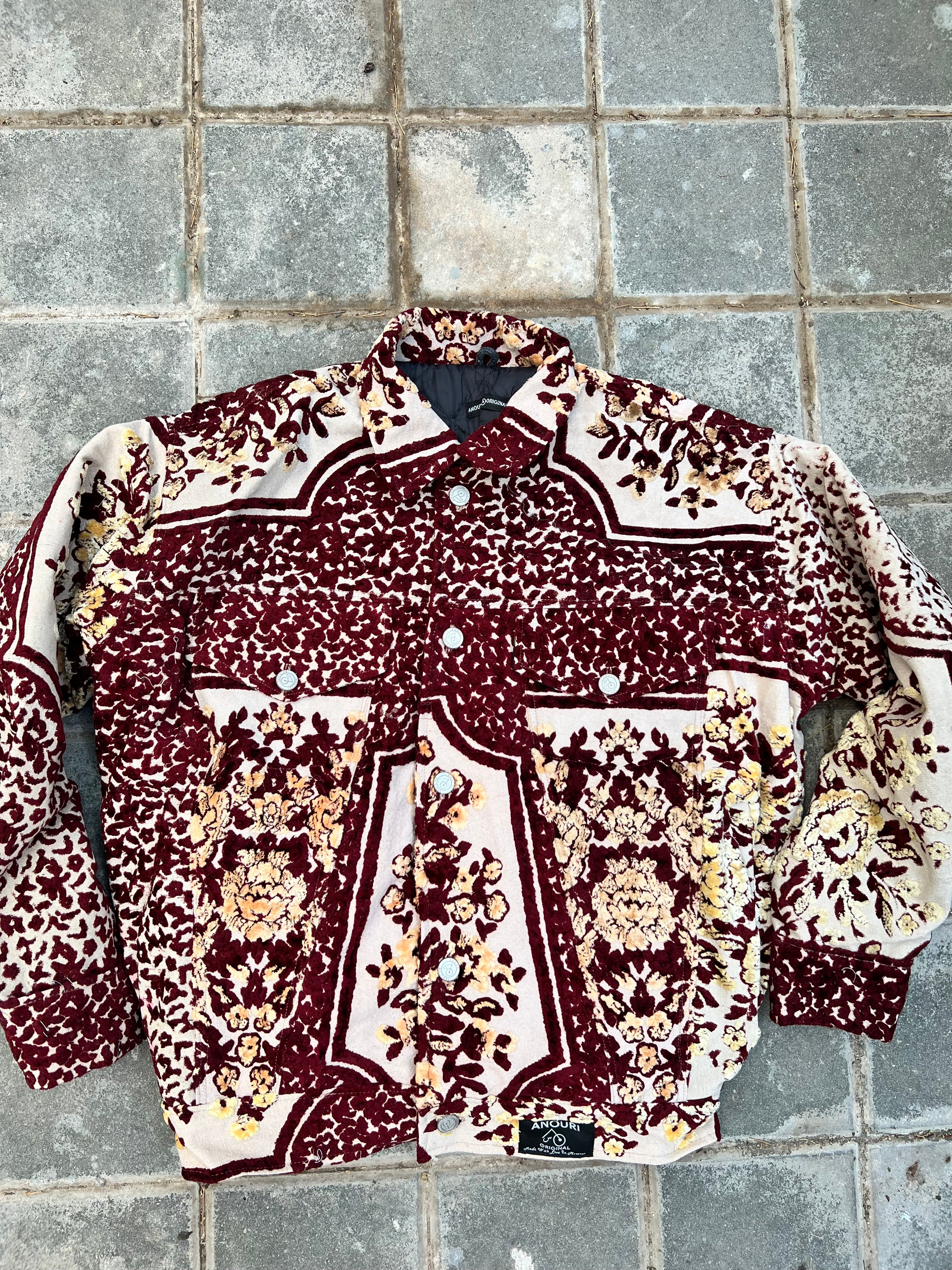 Moroccan hand made with unique red and yellow design ,  carpet Jacket UNISEX