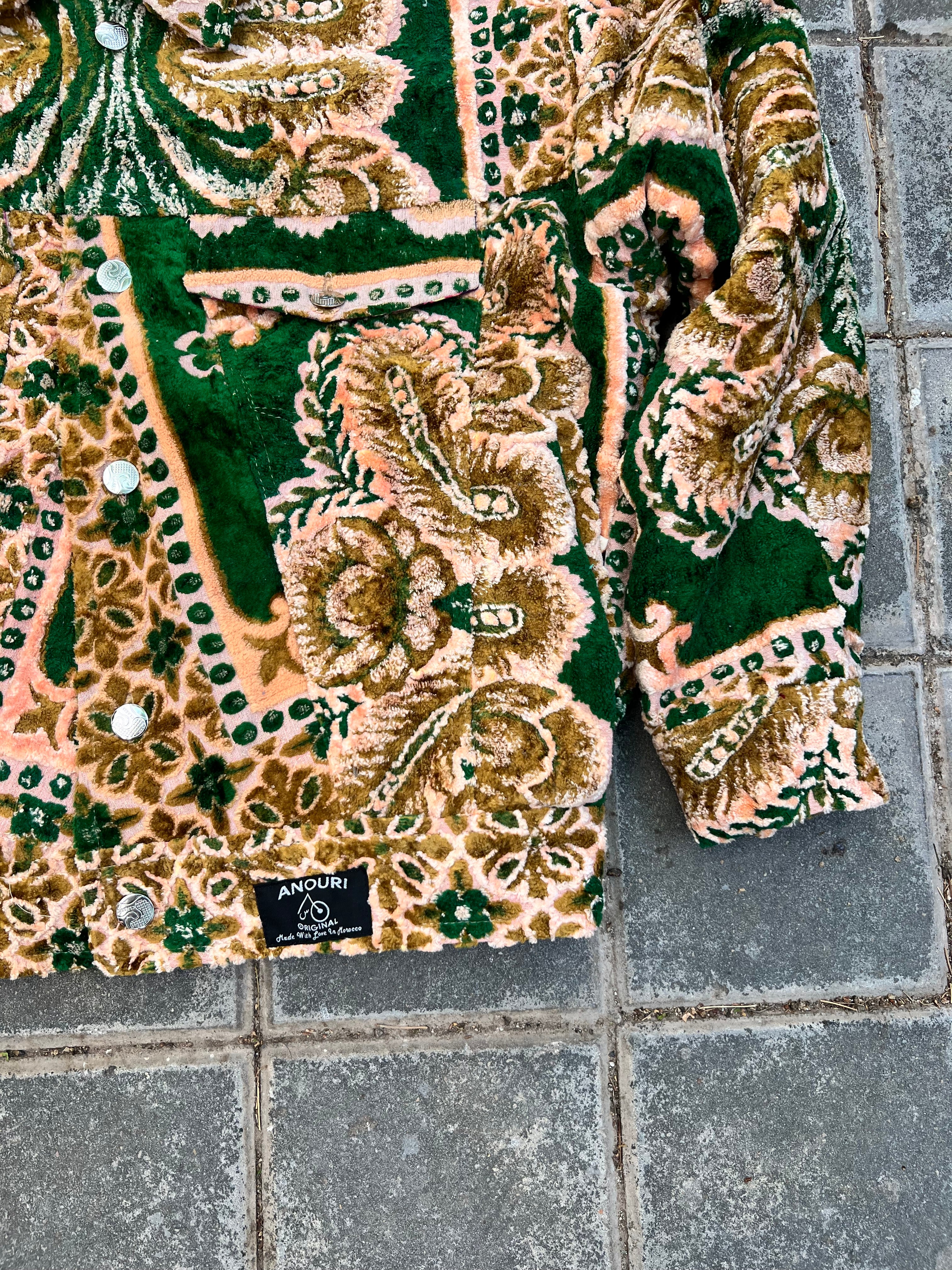 Moroccan hand made with unique green and yellow color,  carpet Jacket UNISEX
