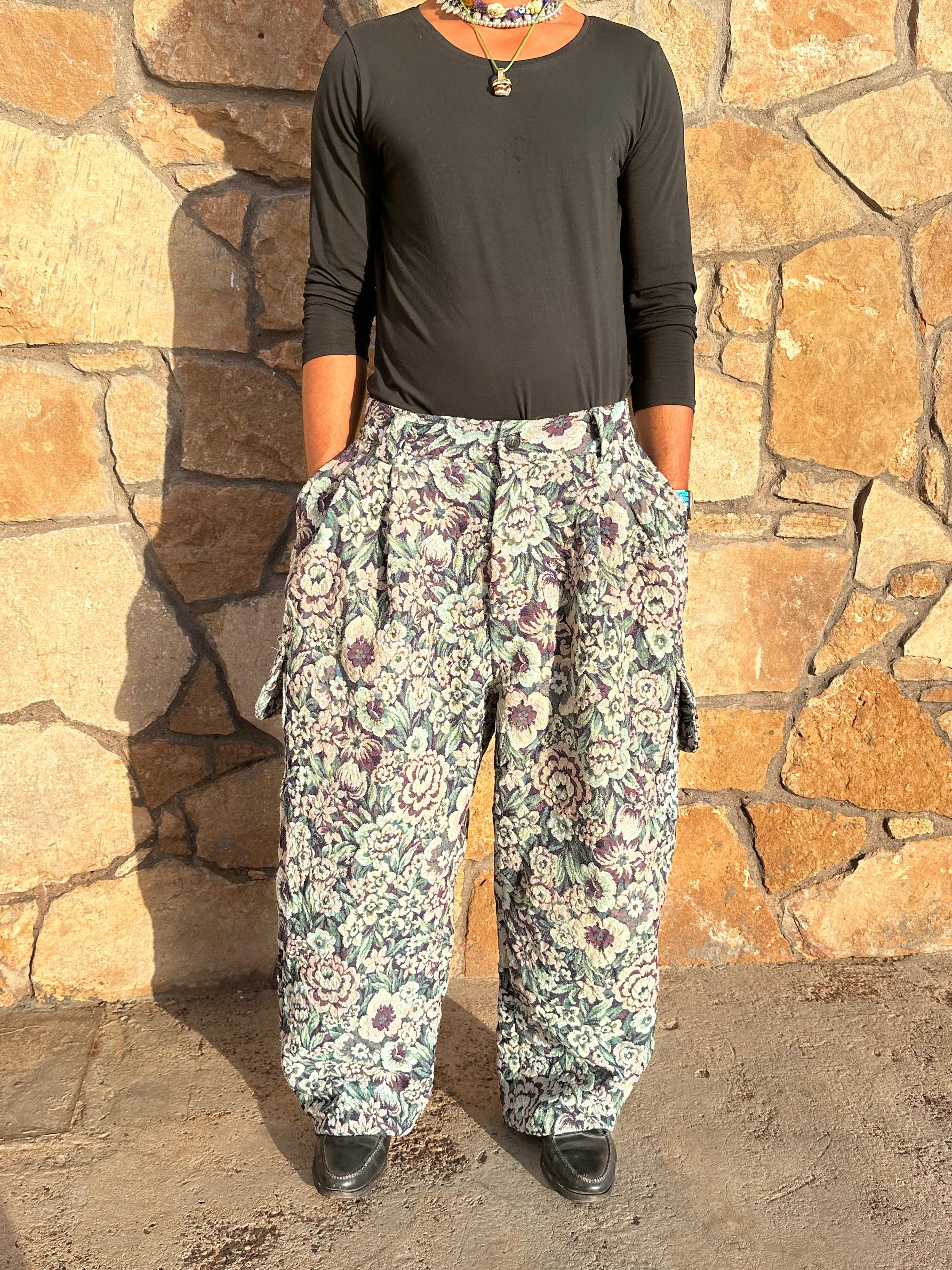 Anouris Original PANT with wide legs with two pockets  side unique carpet blue flower print “Carpet” UNISEX