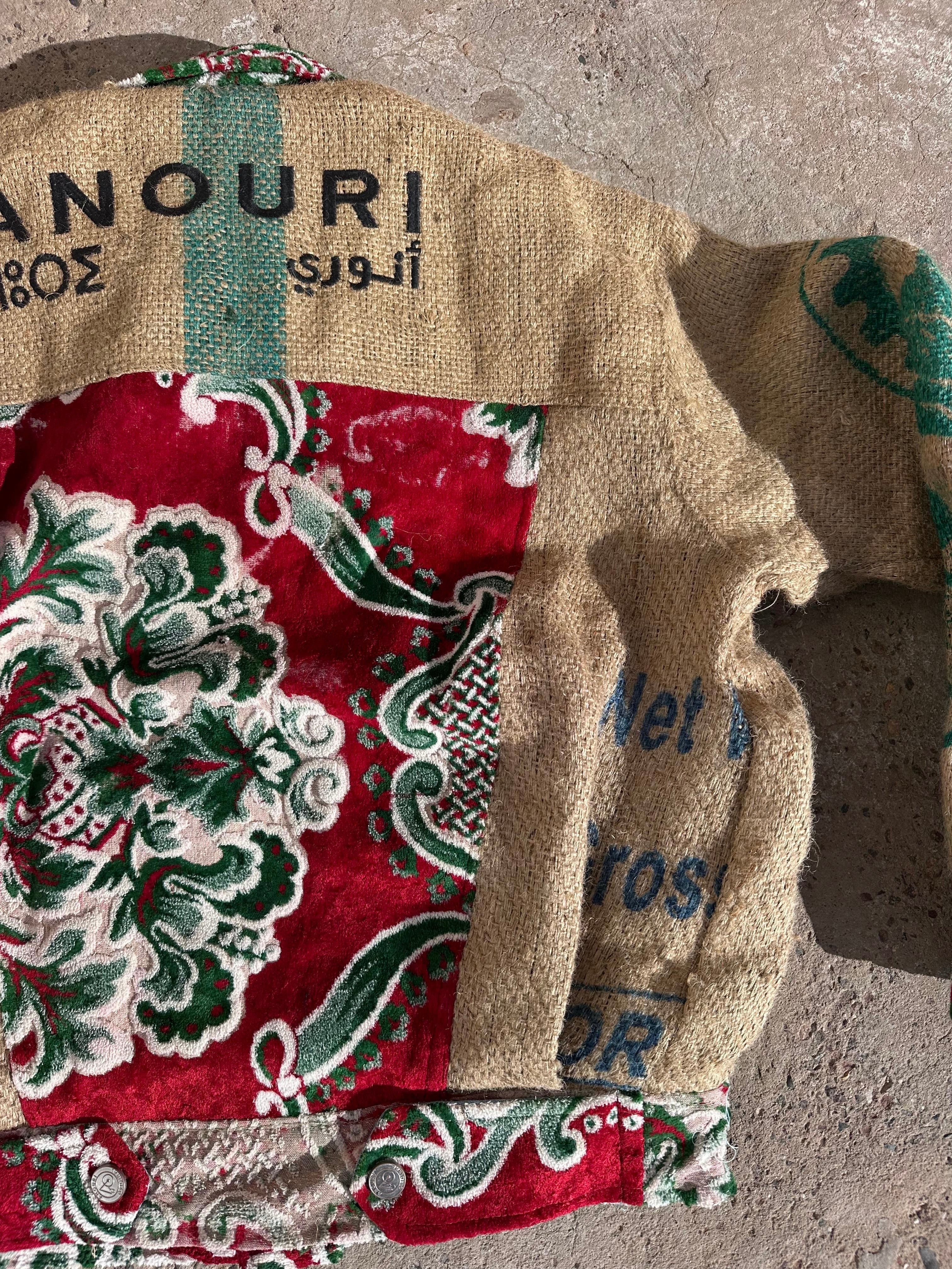 Moroccan hand made green and red burlap Jacket UNISEX