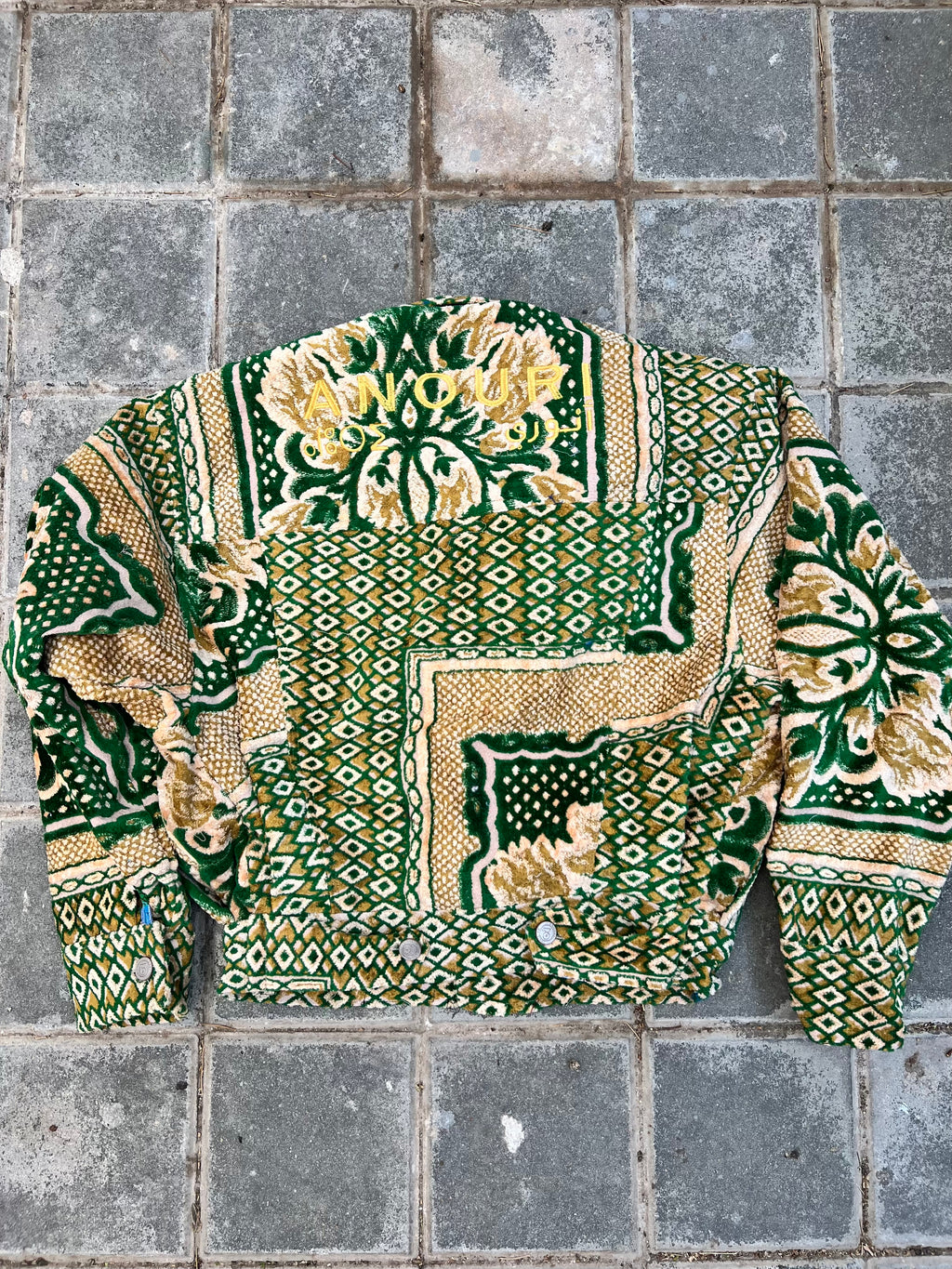 Moroccan hand made with unique green and yellow color,  carpet Jacket UNISEX