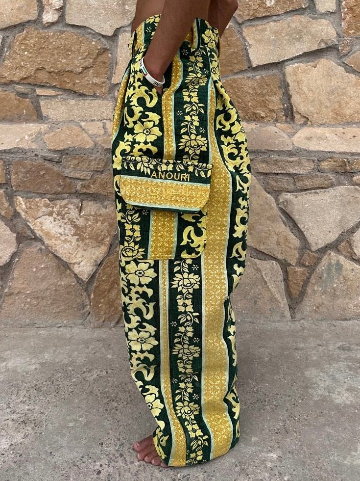Anouris Original PANT with wide legs with two pockets  side yellow and green print “Carpet” UNISEX