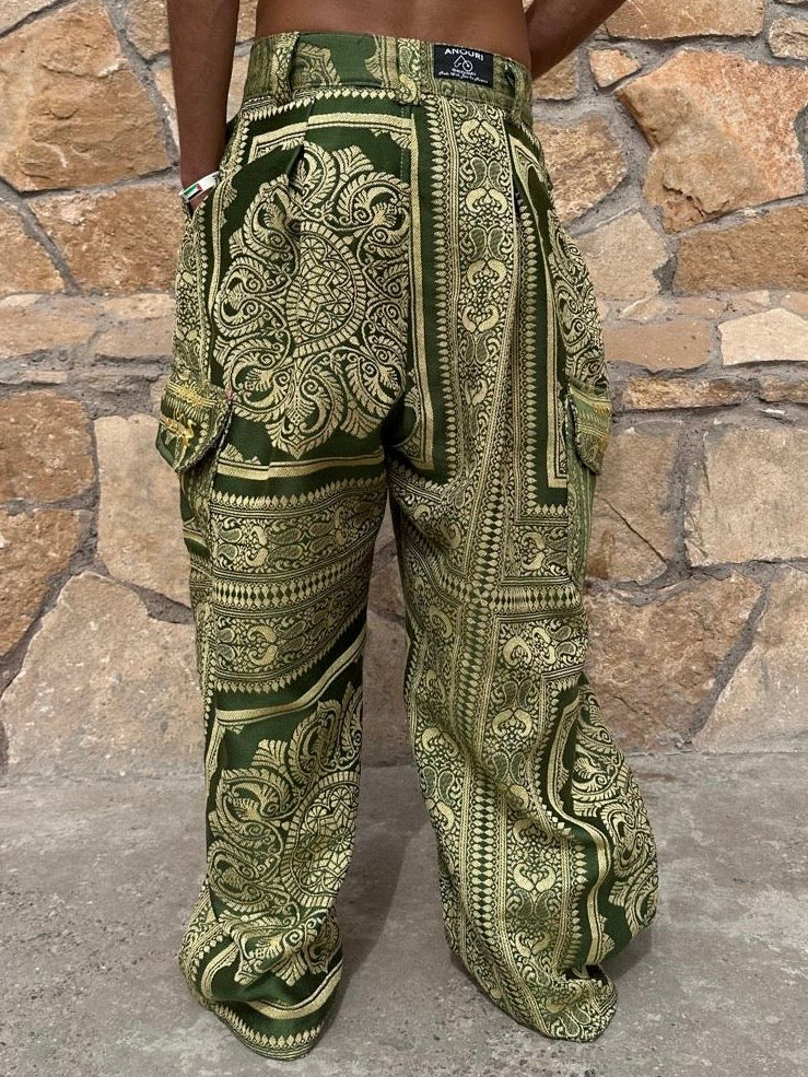 Anouris Original PANT with wide legs with two pockets  side green print “Carpet” UNISEX