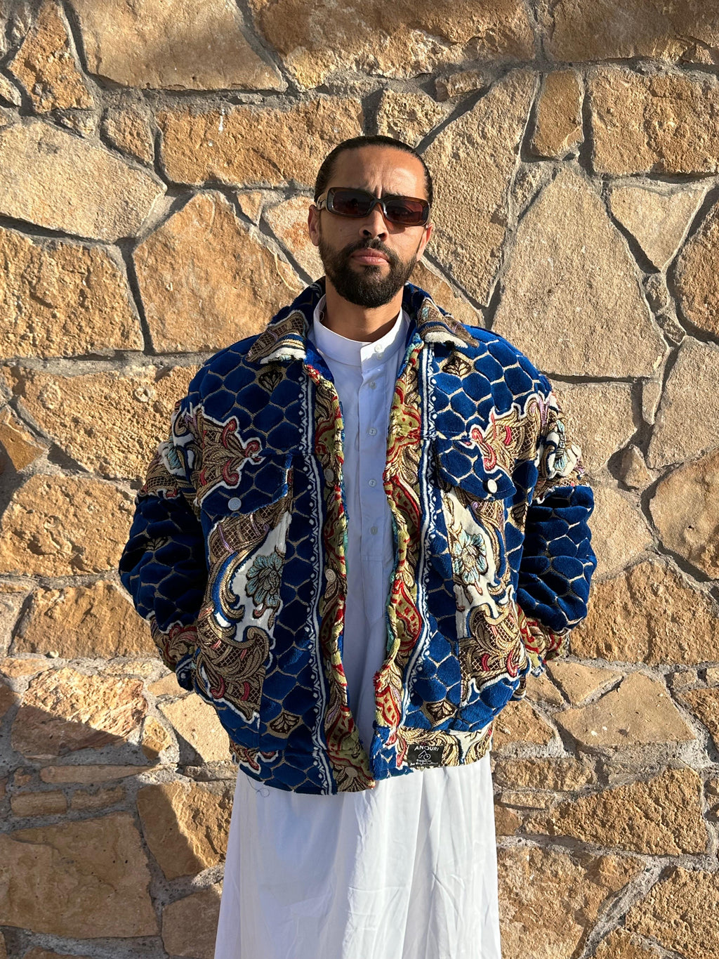 Moroccan hand made with unique blue design carpet Jacket UNISEX