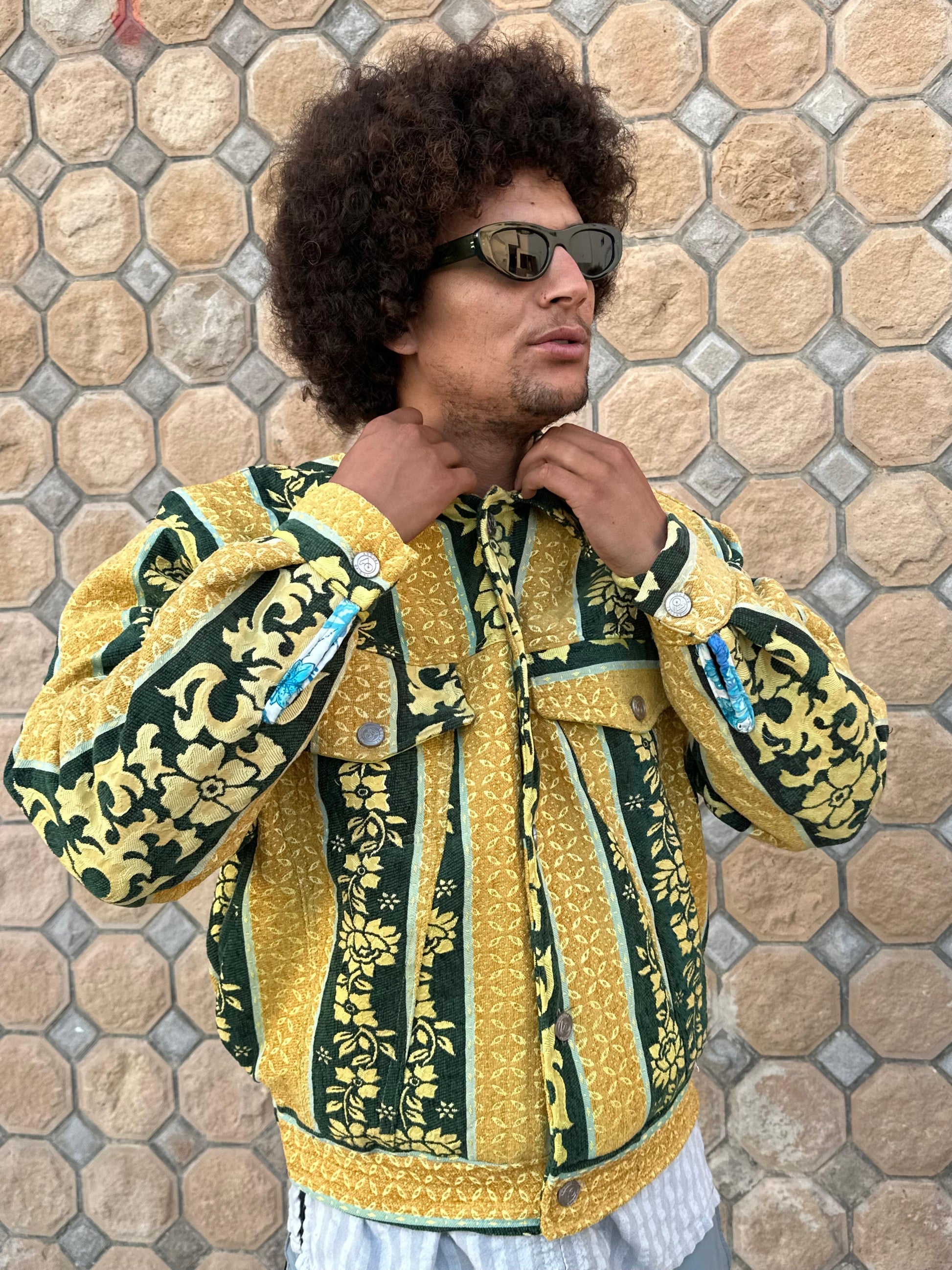 Moroccan hand made with unique yellow and green  design carpet Jacket UNISEX
