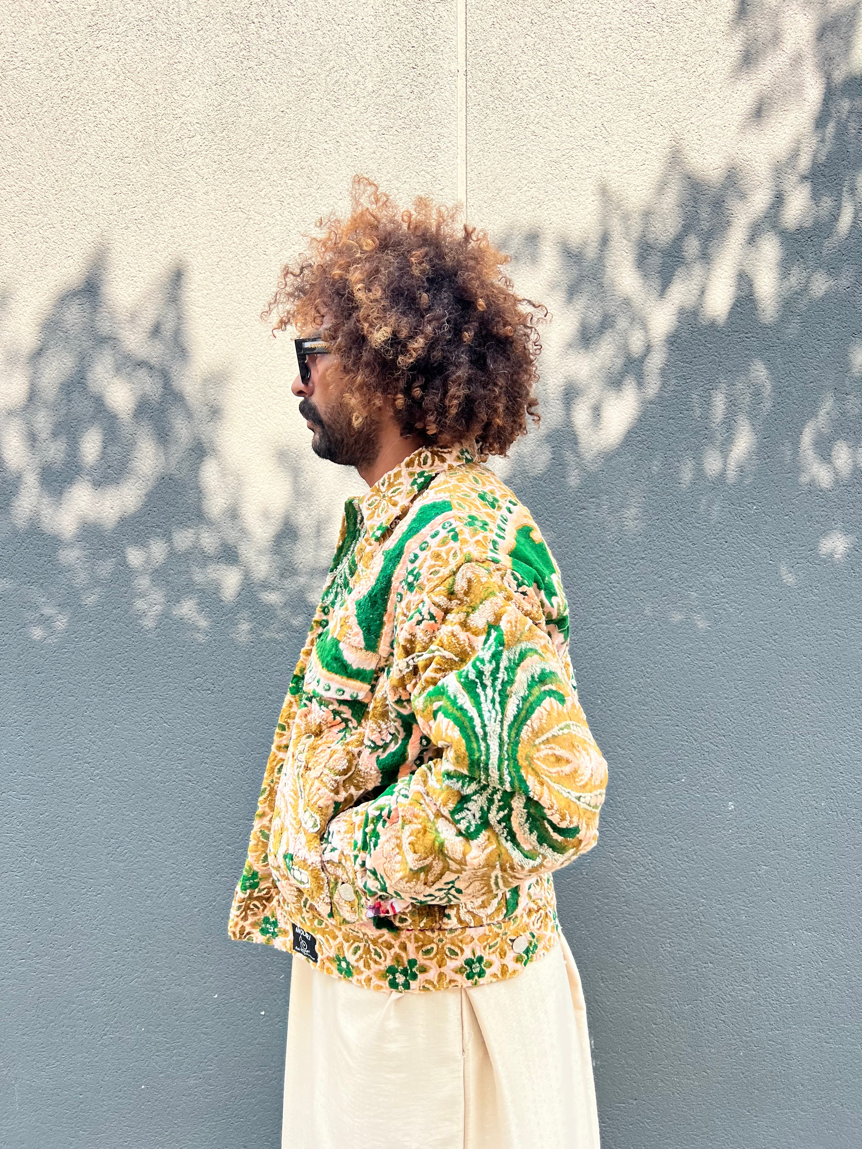 Moroccan hand made with unique green and yellow color,  carpet Jacket UNISEX