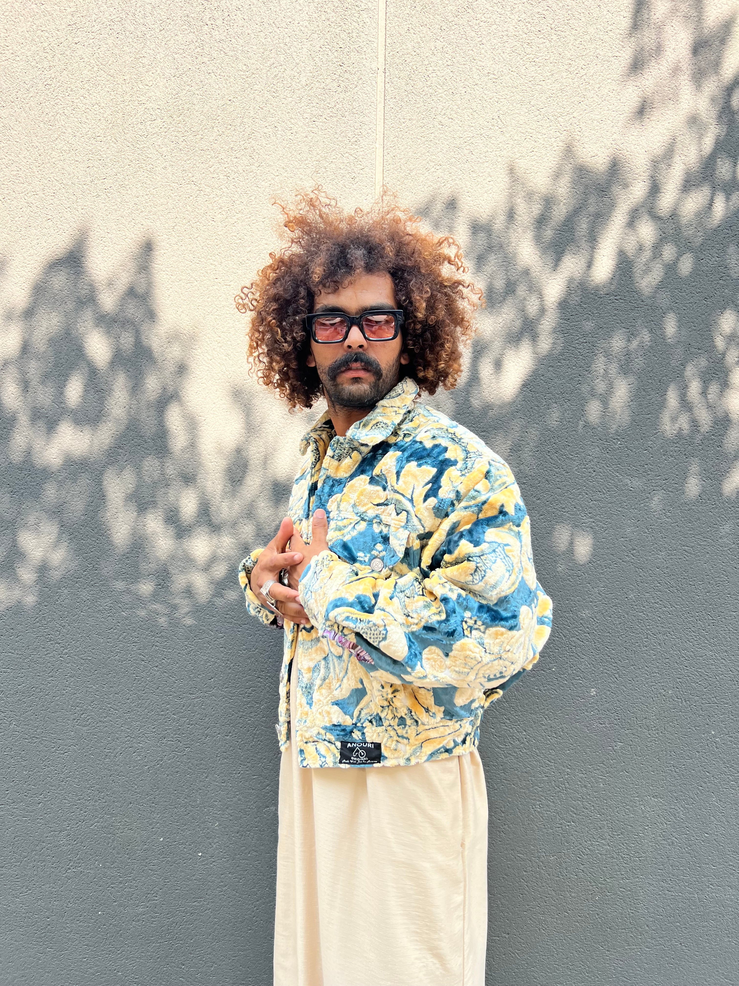 Moroccan hand made with unique yellow and blue color,  carpet Jacket UNISEX