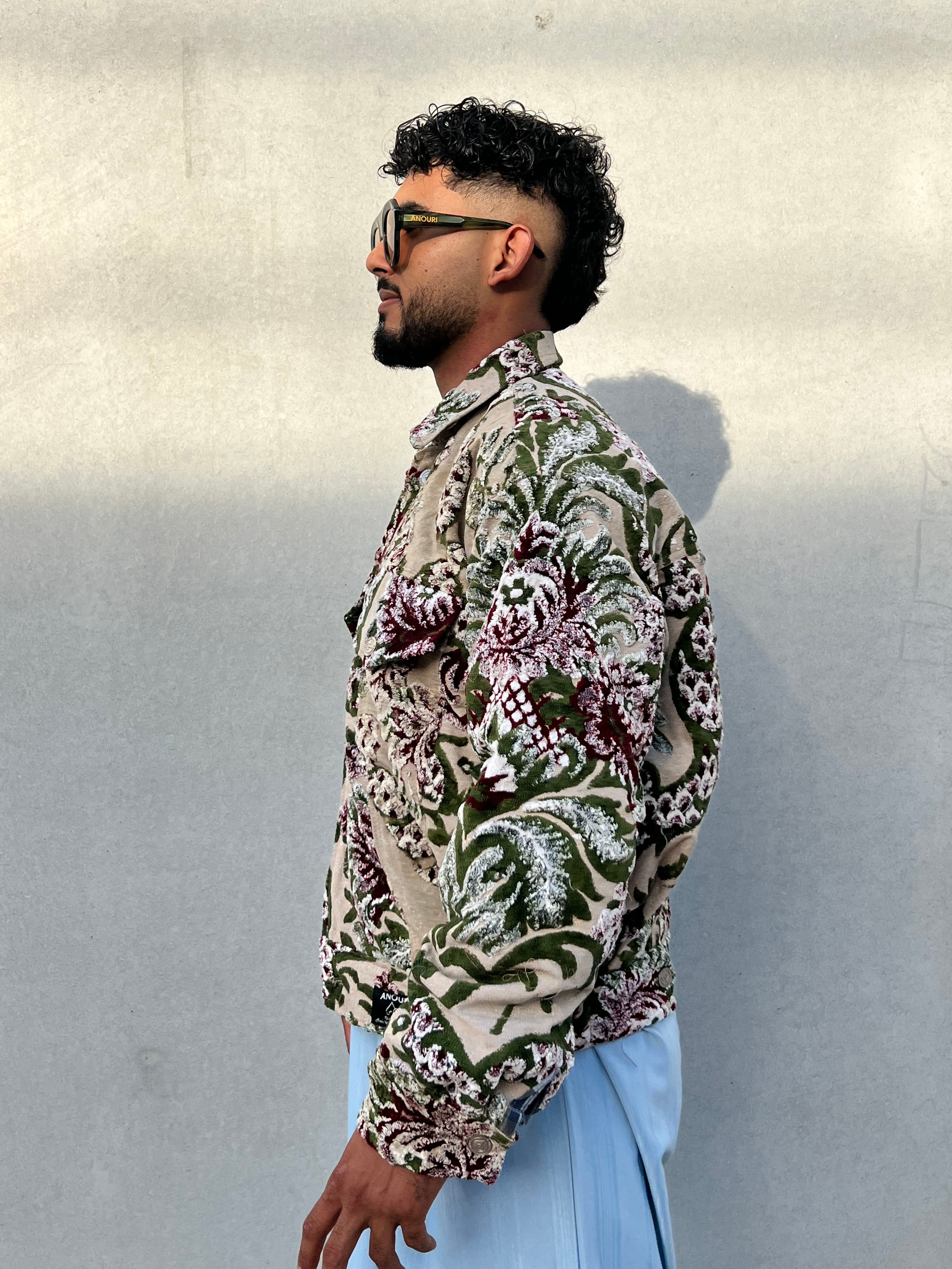 Moroccan hand made with unique green and red color,  carpet Jacket UNISEX