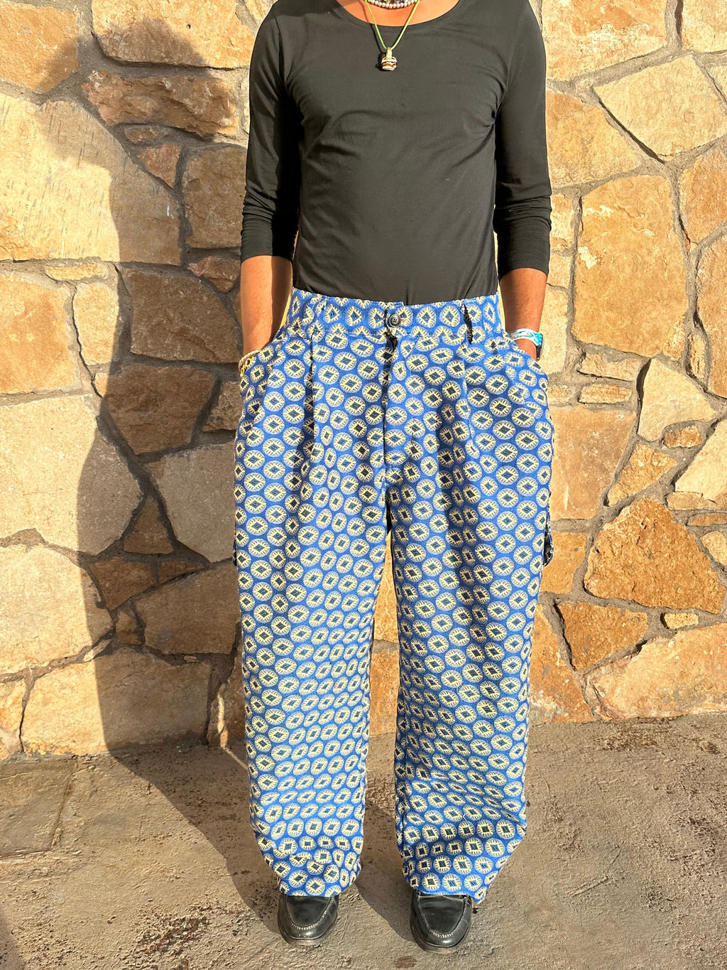 Anouris Original PANT with wide legs with two pockets  side unique light blue print “Carpet” UNISEX