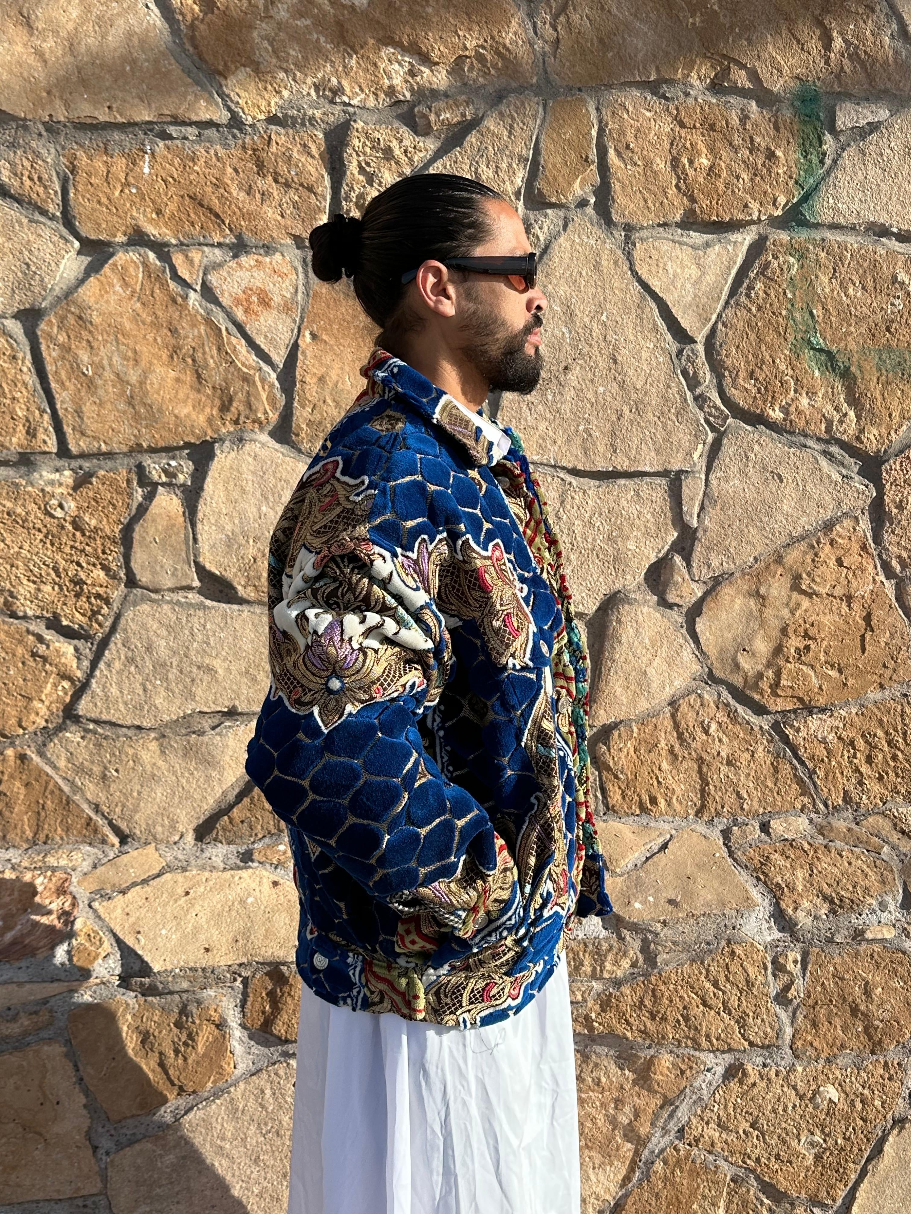 Moroccan hand made with unique blue design carpet Jacket UNISEX