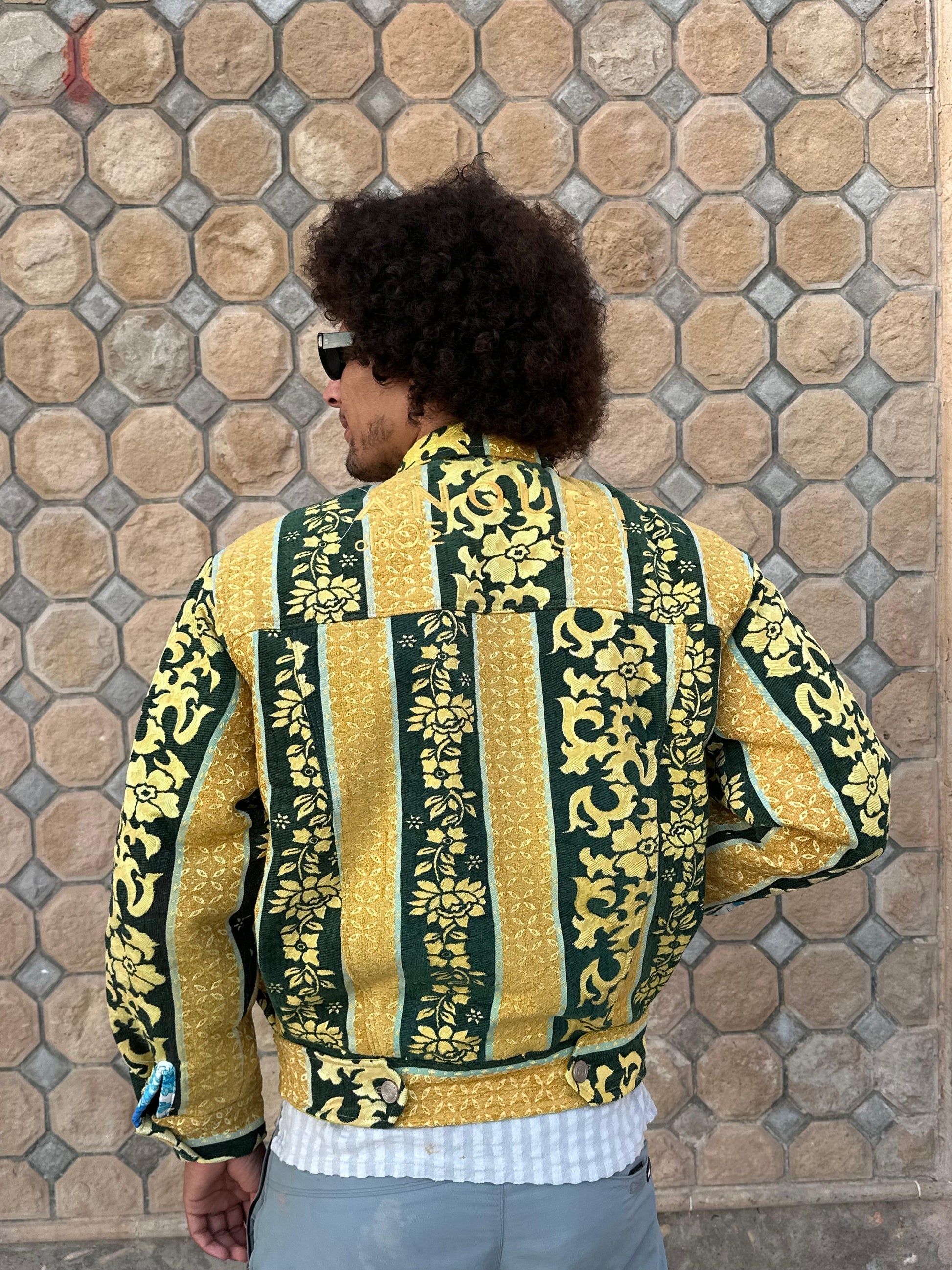 Moroccan hand made with unique yellow and green  design carpet Jacket UNISEX