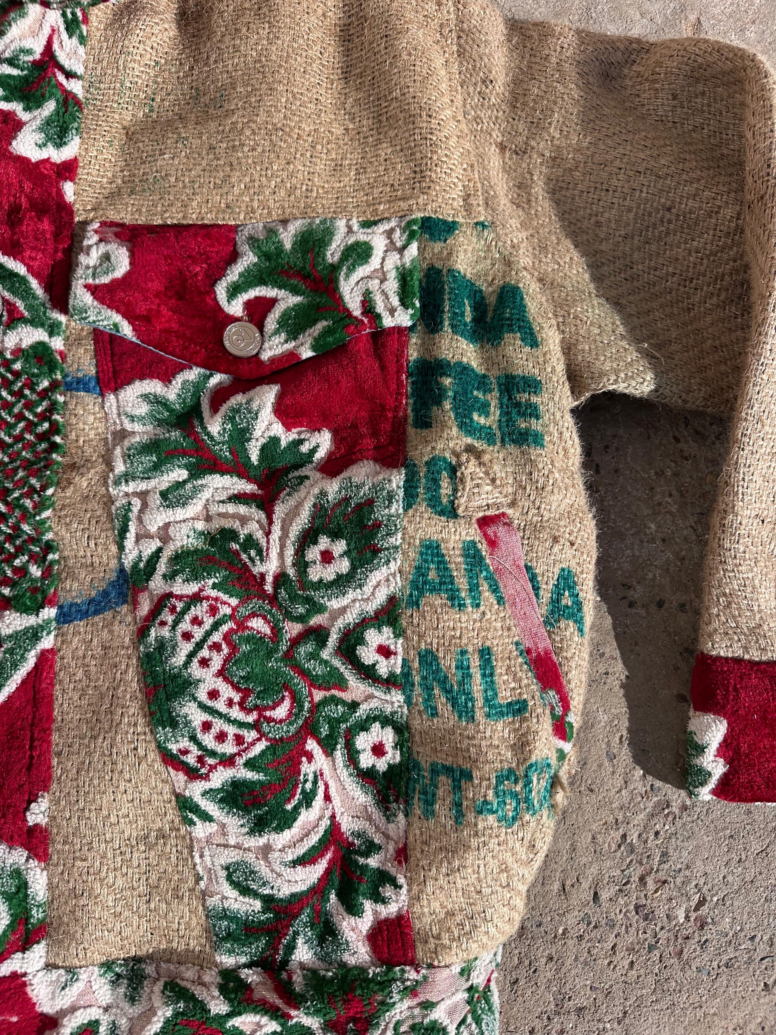 Moroccan hand made green and red burlap Jacket UNISEX