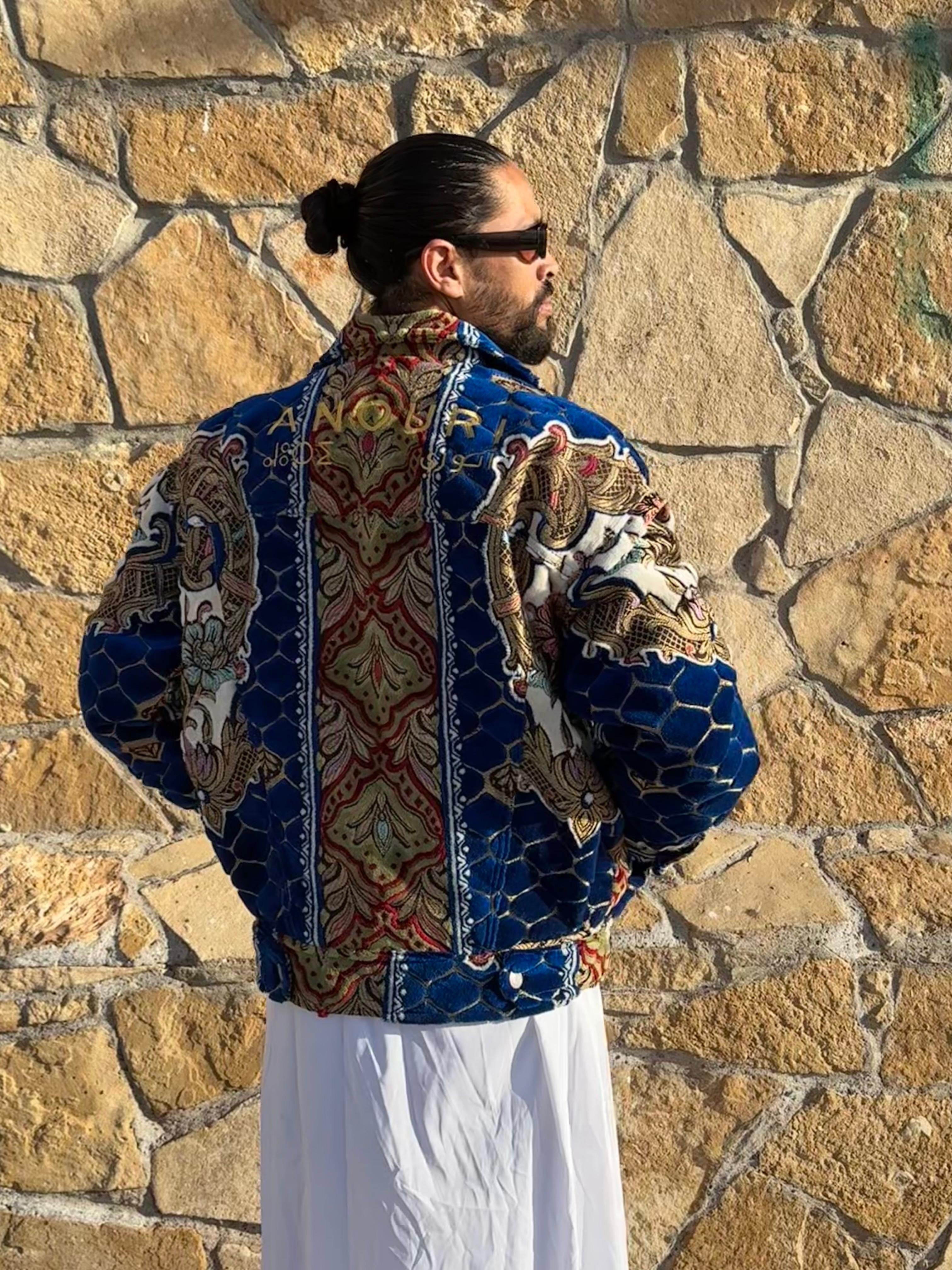 Moroccan hand made with unique blue design carpet Jacket UNISEX