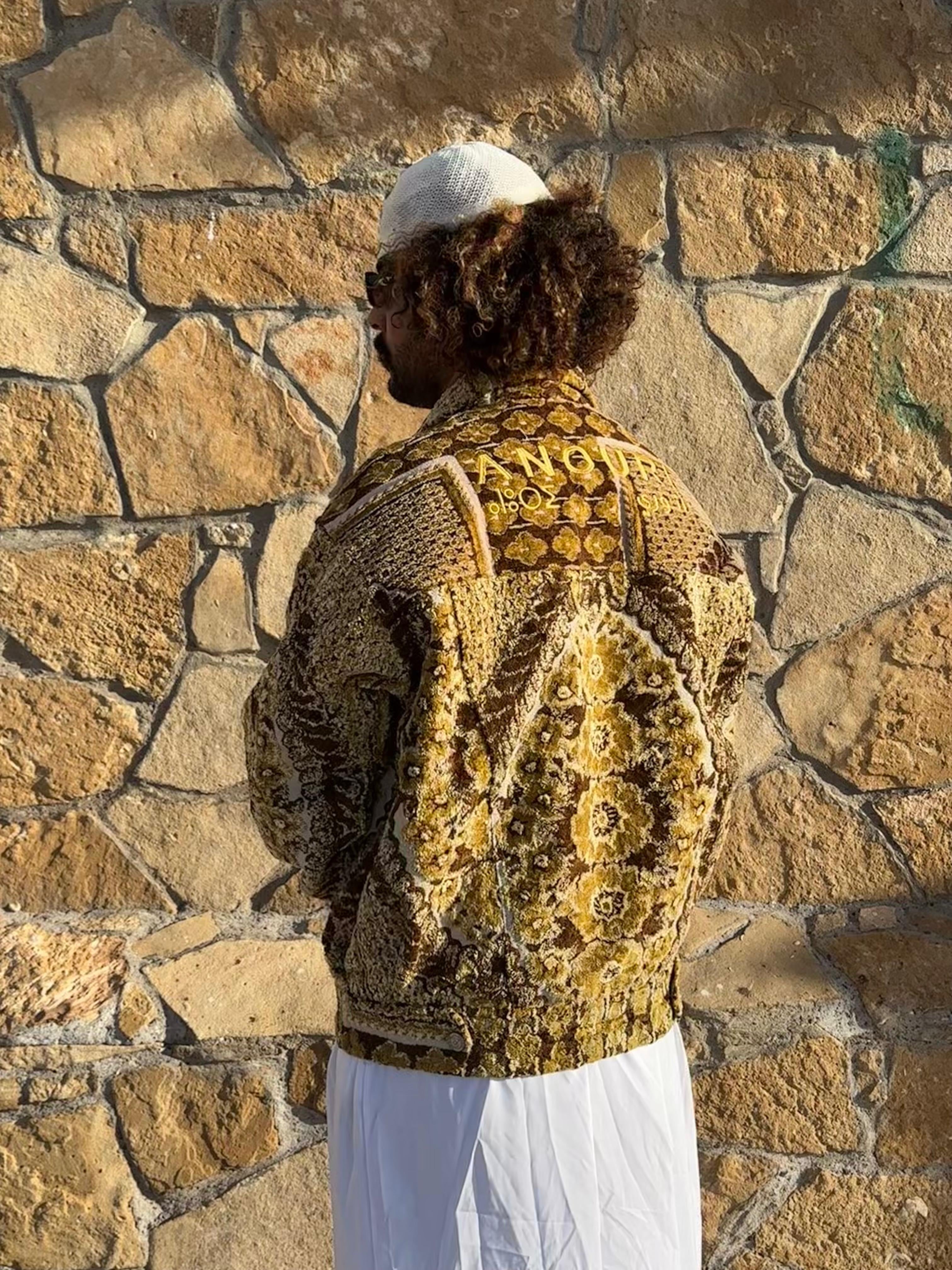 Moroccan hand made with unique yellow and brown design carpet Jacket UNISEX