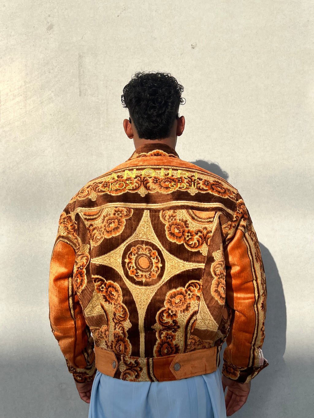 Moroccan hand made with unique light orange color,  carpet Jacket UNISEX