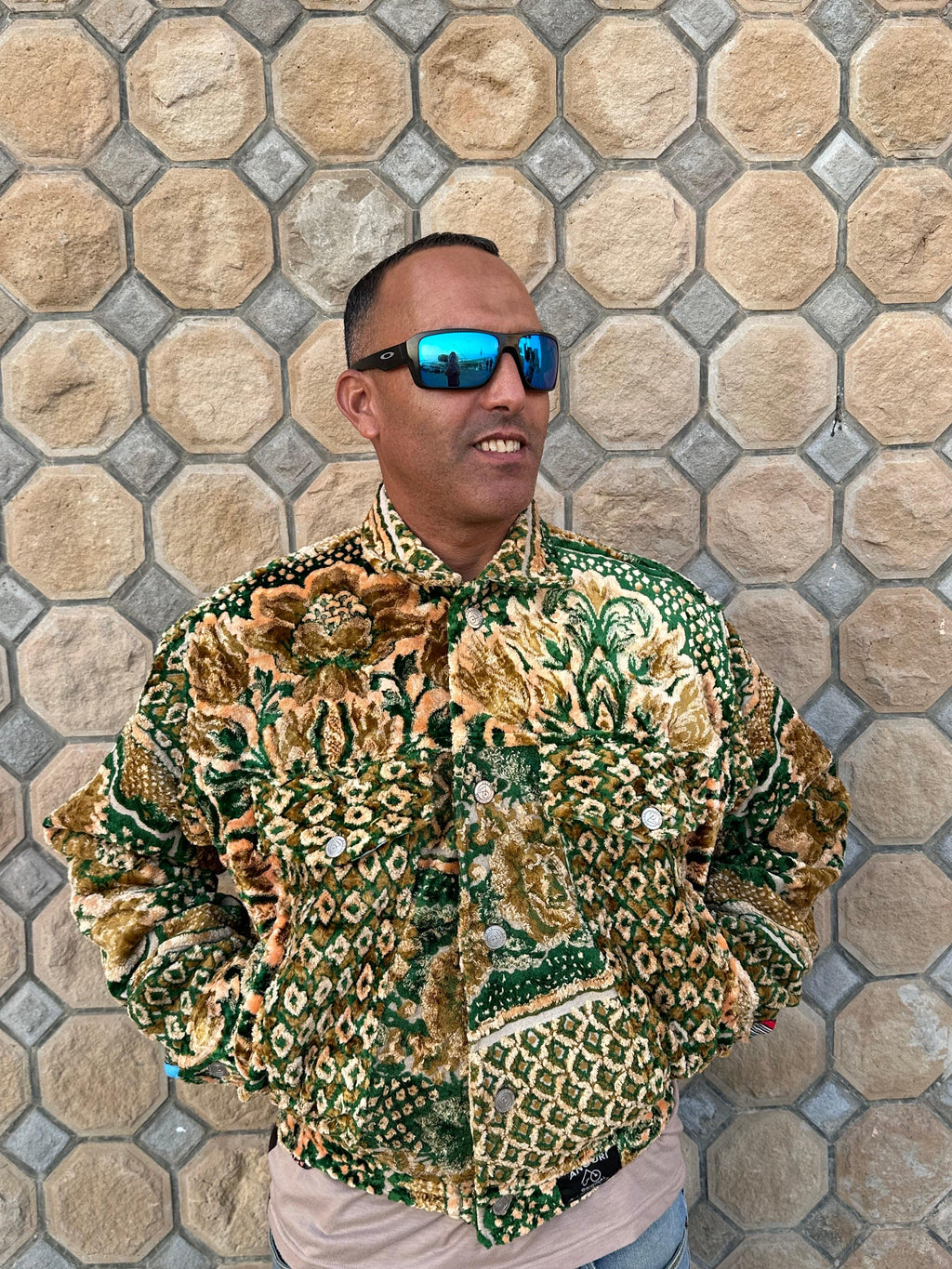 Moroccan hand made green with unique design carpet Jacket UNISEX