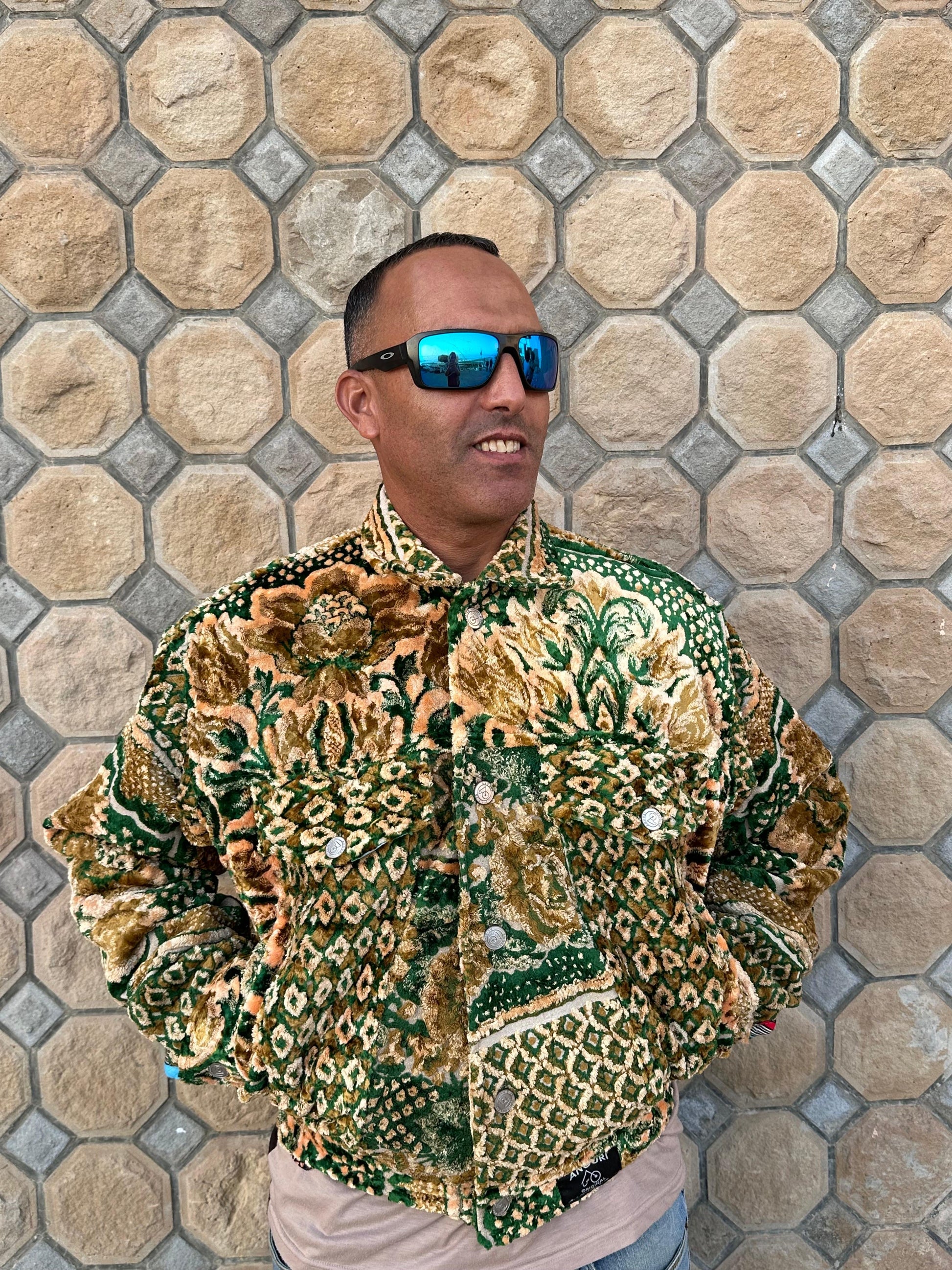 Moroccan hand made green with unique design carpet Jacket UNISEX