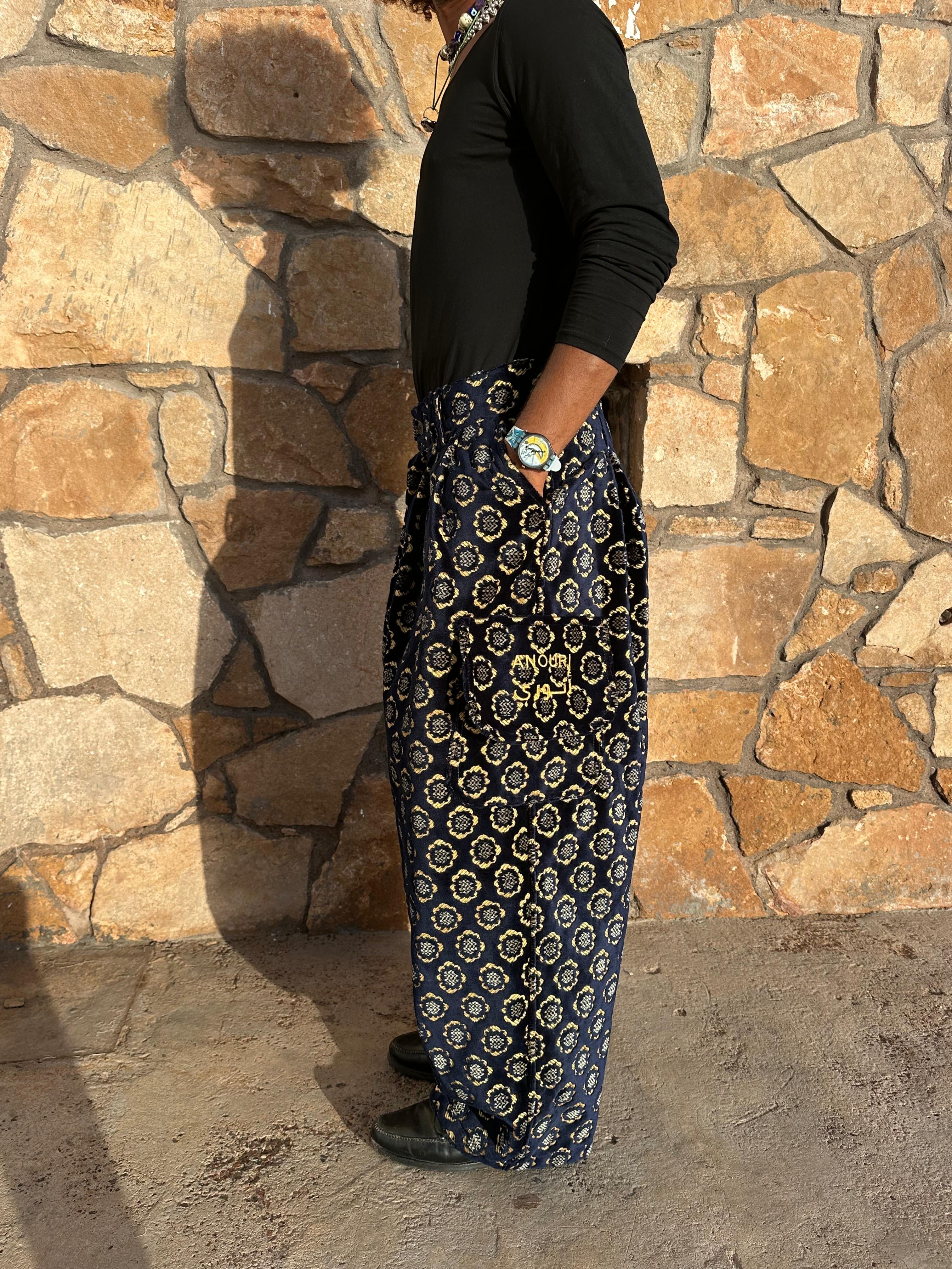 Anouris Original PANT with wide legs with two pockets  side unique dark blue print “Carpet” UNISEX