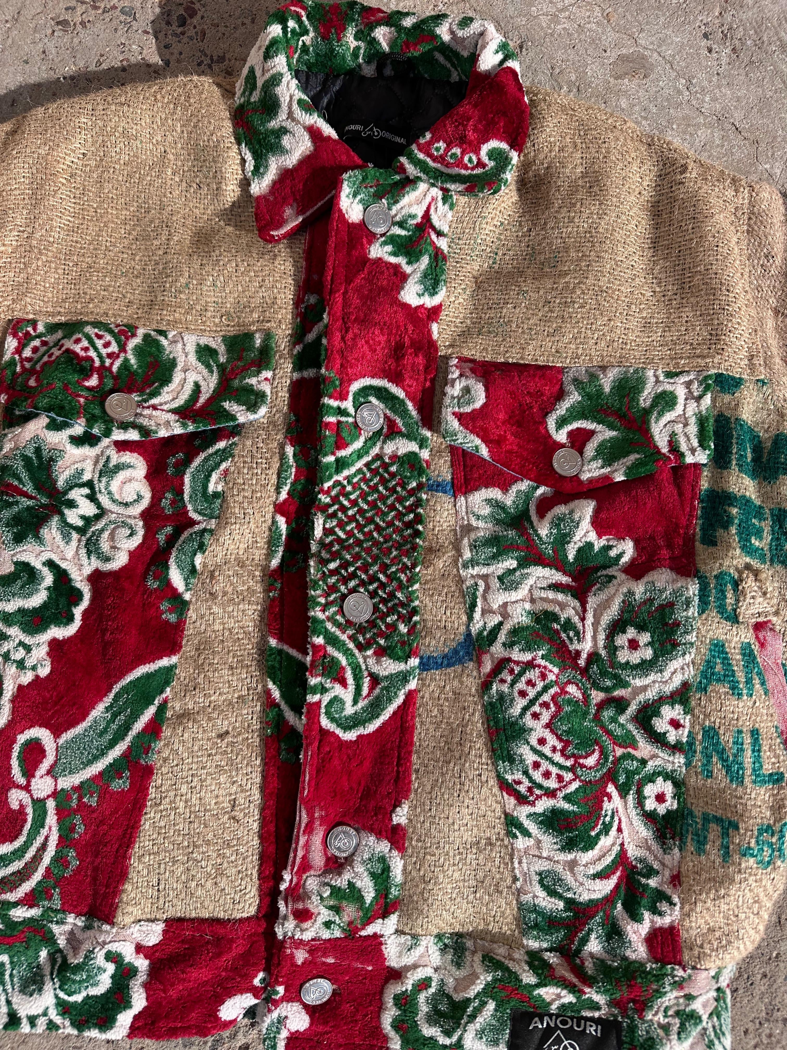 Moroccan hand made green and red burlap Jacket UNISEX