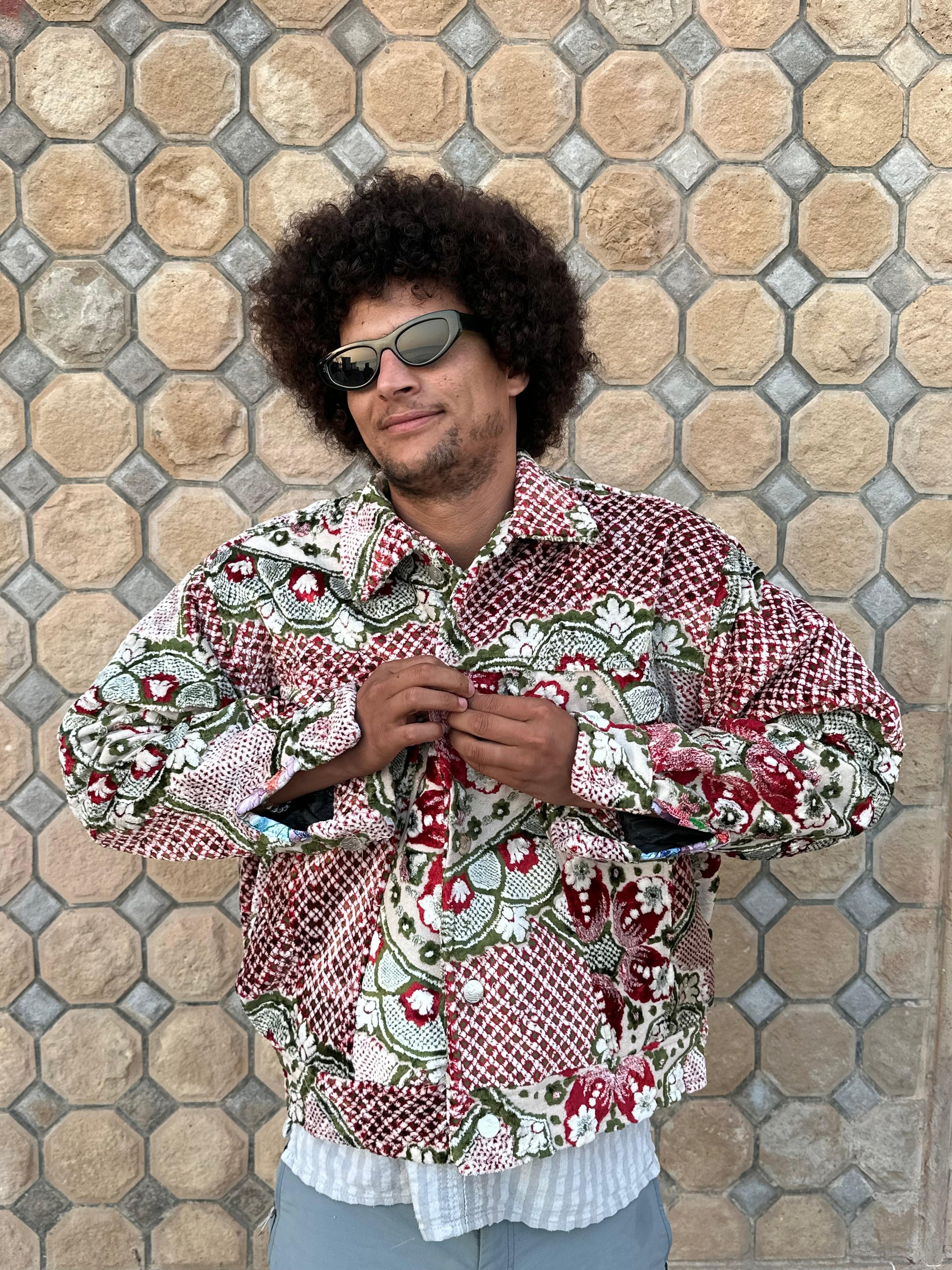 Moroccan hand made with unique Red&green  design carpet Jacket UNISEX