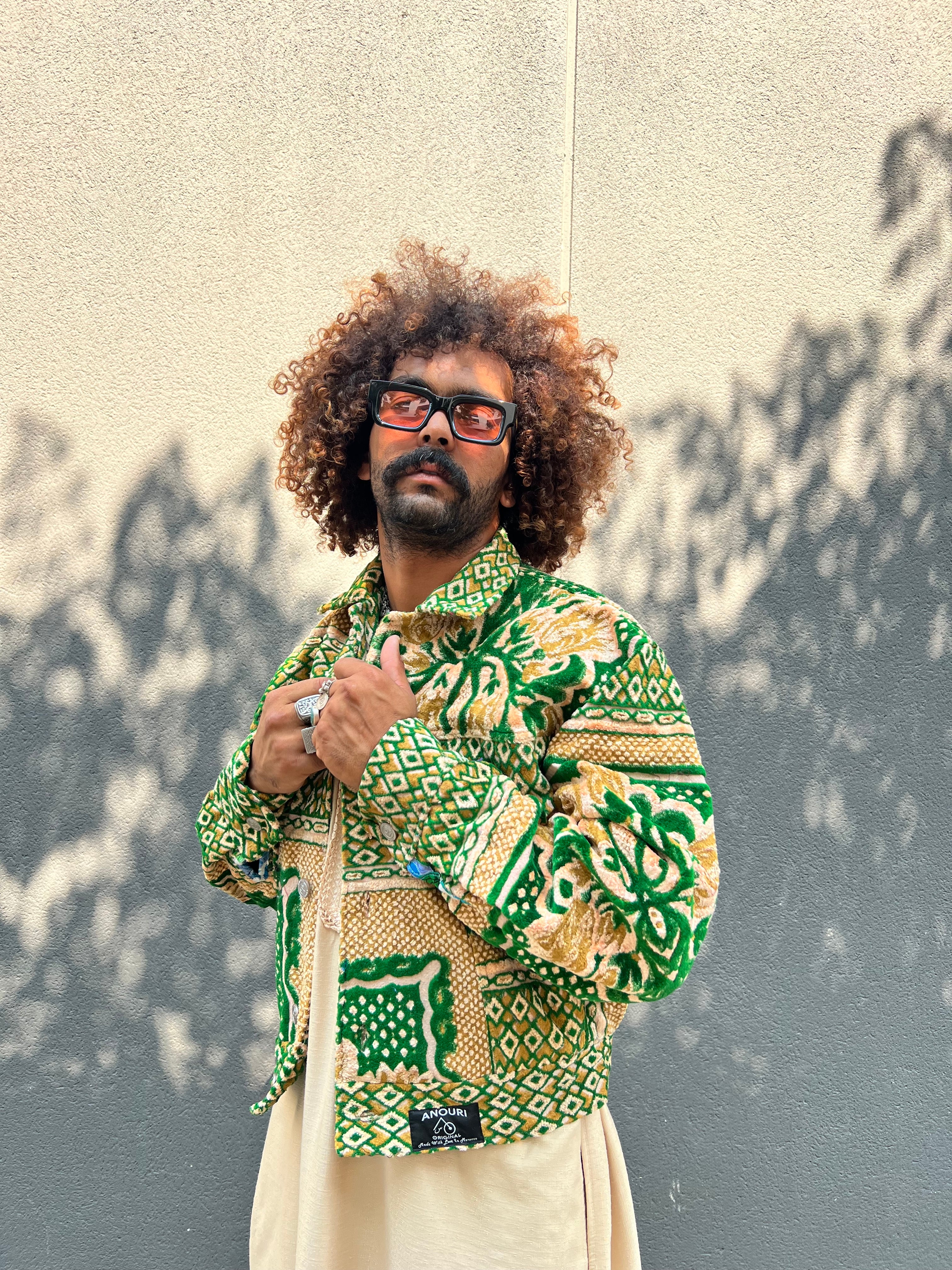 Moroccan hand made with unique green and yellow color,  carpet Jacket UNISEX
