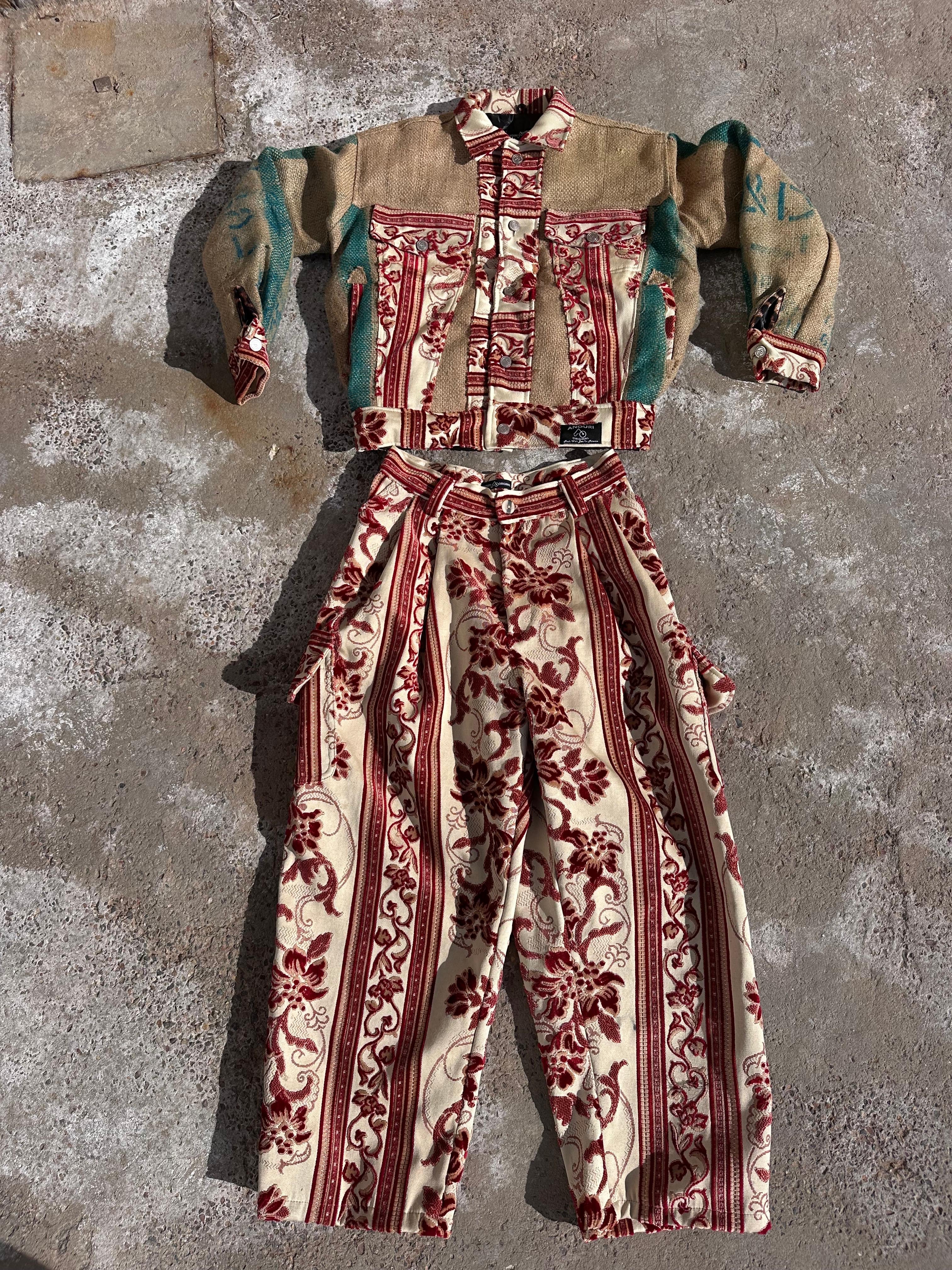 Moroccan hand made unique red Carpet and burlap set UNISEX