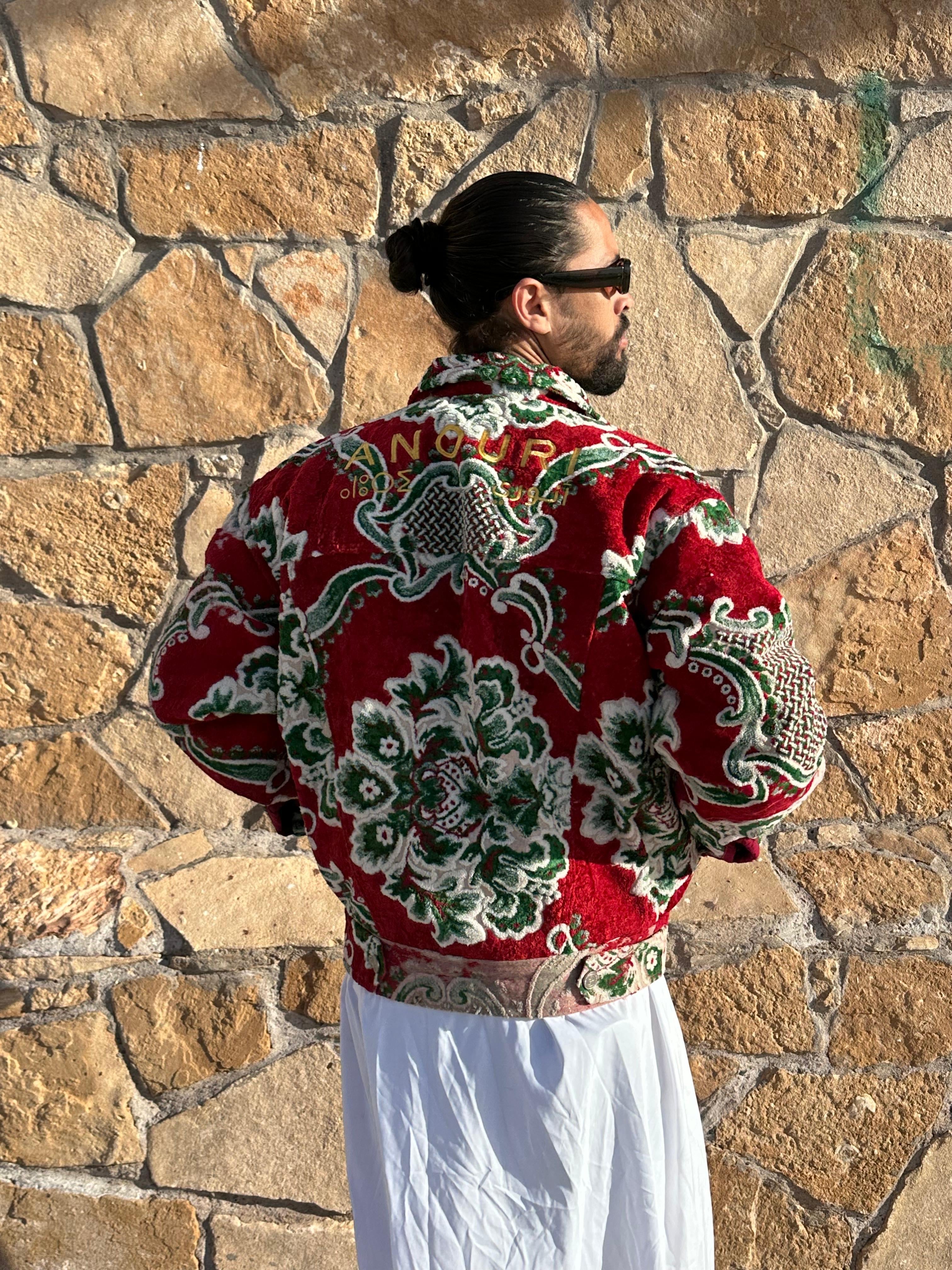 Moroccan hand made with unique red and green  design carpet Jacket UNISEX