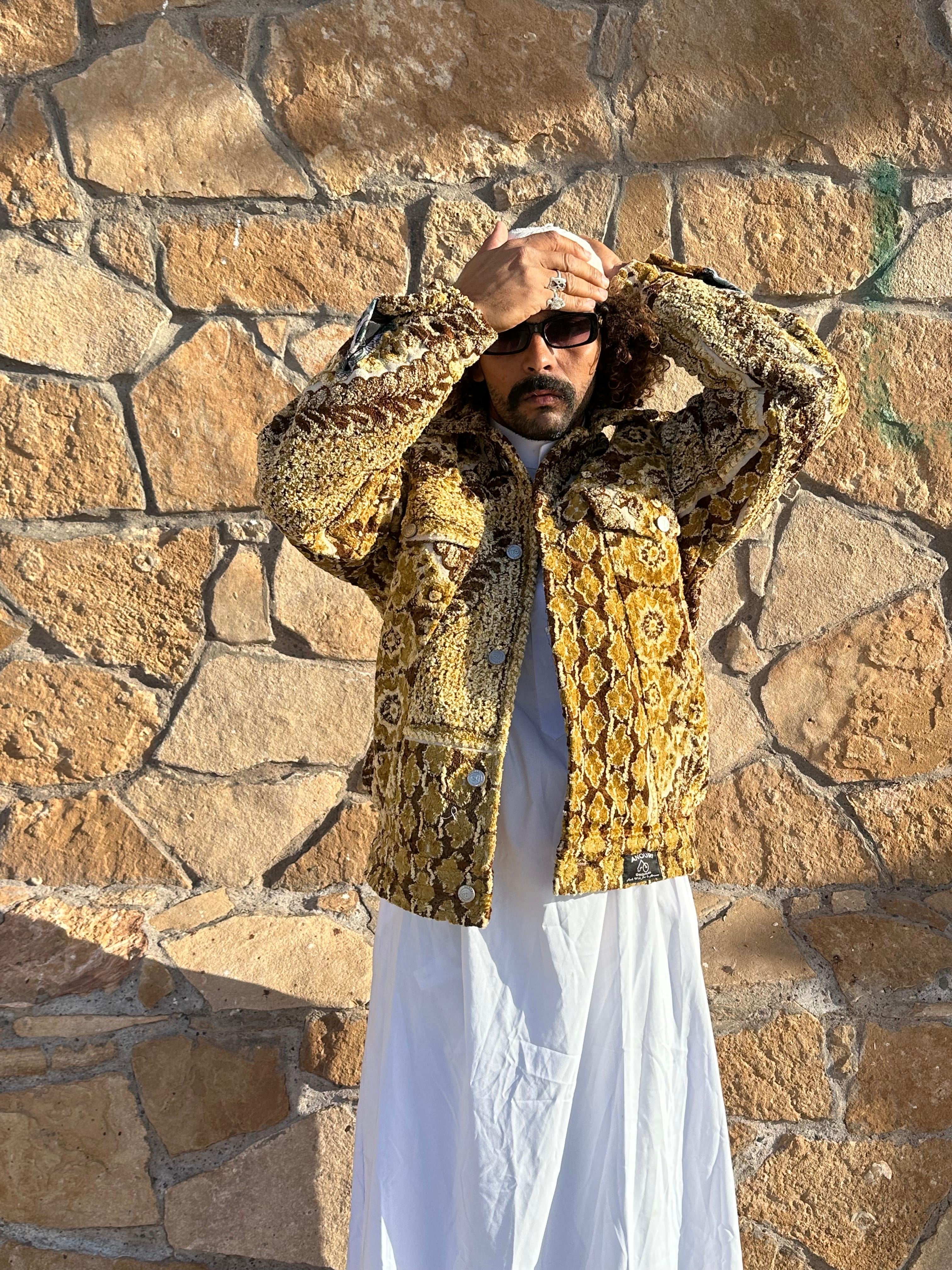 Moroccan hand made with unique yellow and brown design carpet Jacket UNISEX