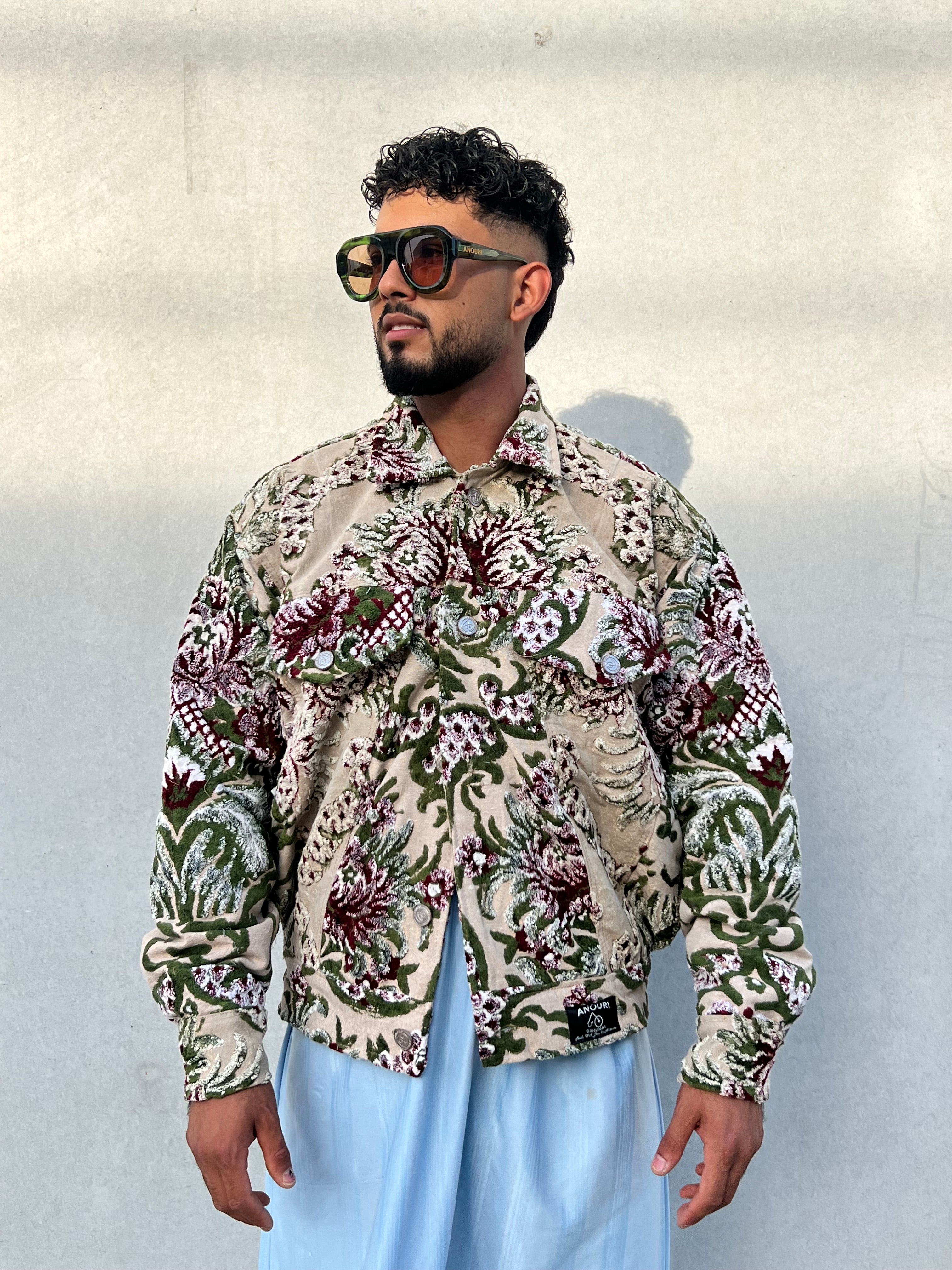 Moroccan hand made with unique green and red color,  carpet Jacket UNISEX